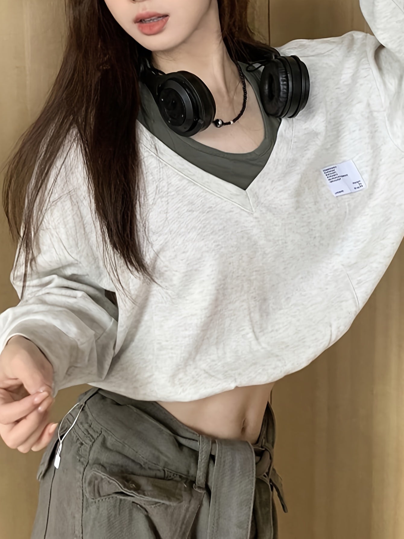 Faux Twinset Patch Pullover Sweatshirt, Casual Long Sleeve Crop Top, Women's Clothing