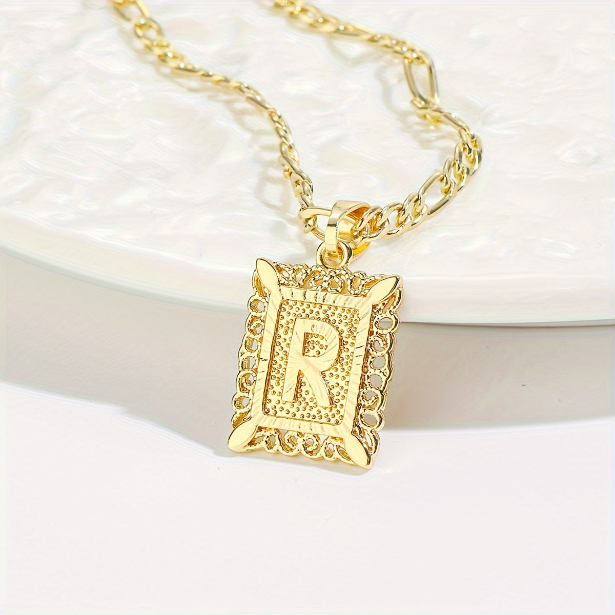 18K Gold Plated Square Monogram Pendant Necklace - Fashionable Personalized Alphabet Letter A-Z Figaro Chain Necklace for Men and Women - Copper Material, No Magnetic, No Mosaic, Plating-Free, Stylish Jewelry for Any Occasion