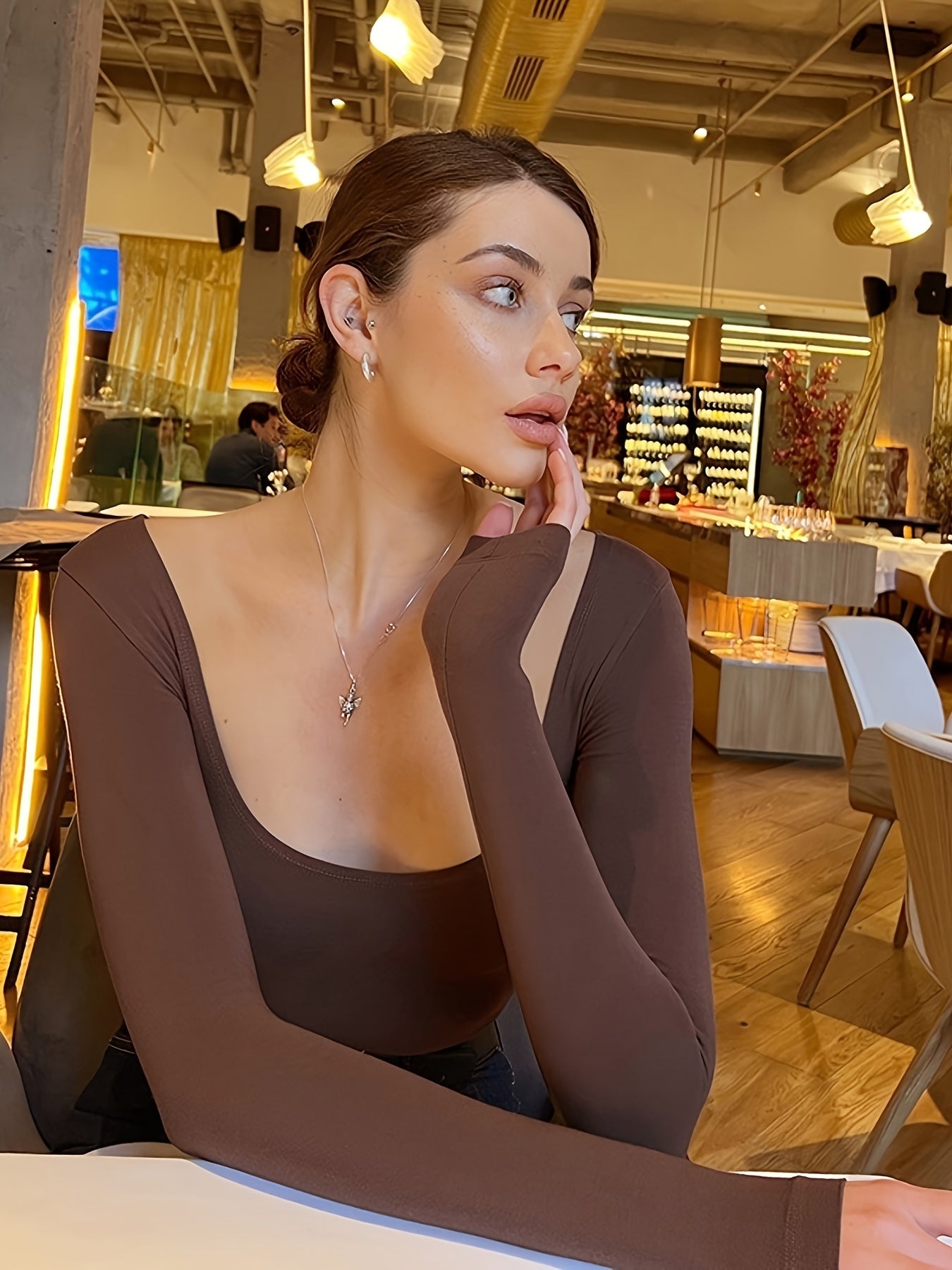 vlovelaw Solid U Neck T-shirt, Elegant Long Sleeve Top For Spring & Fall, Women's Clothing