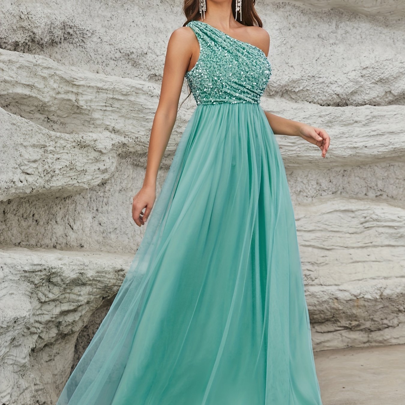 vlovelaw One Shoulder Sequin Dress, Elegant Sleeveless Dress For Party & Banquet, Women's Clothing