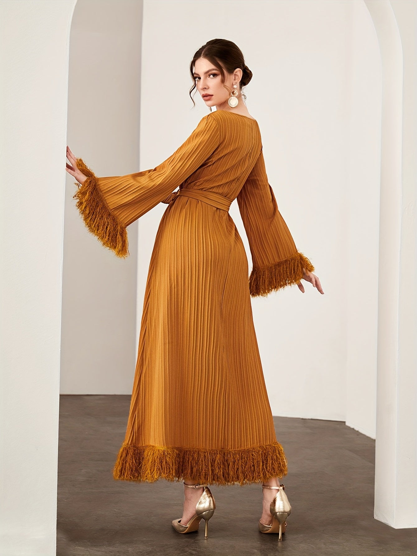 vlovelaw Solid Raw Hem Dress, Elegant Tie Waist Crew Neck Long Sleeve Dress, Women's Clothing