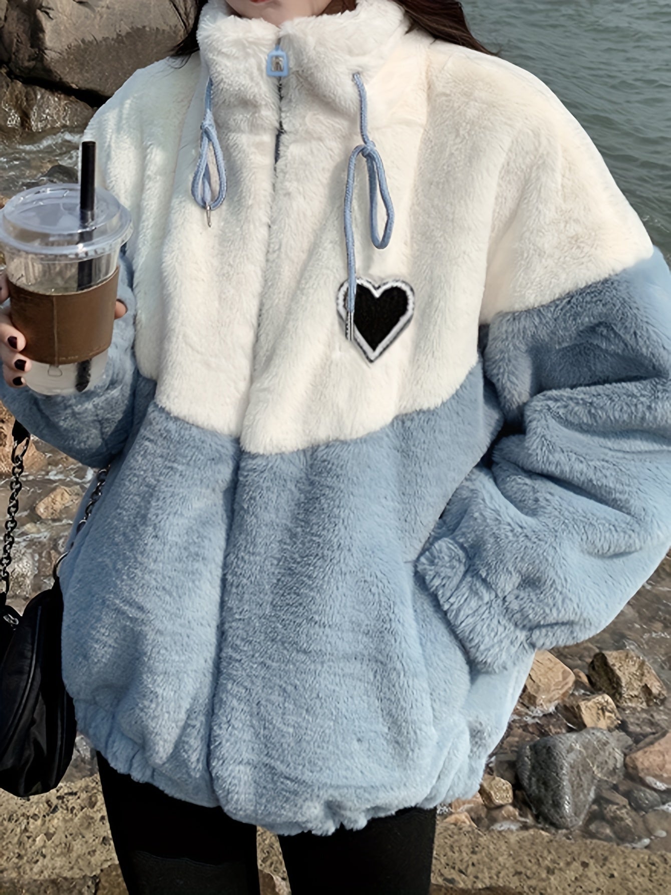 vlovelaw Color Block Zip-up Plush Coat, Casual Thermal Heart Patch Long Sleeve Drawstring Coat For Fall & Winter, Women's Clothing
