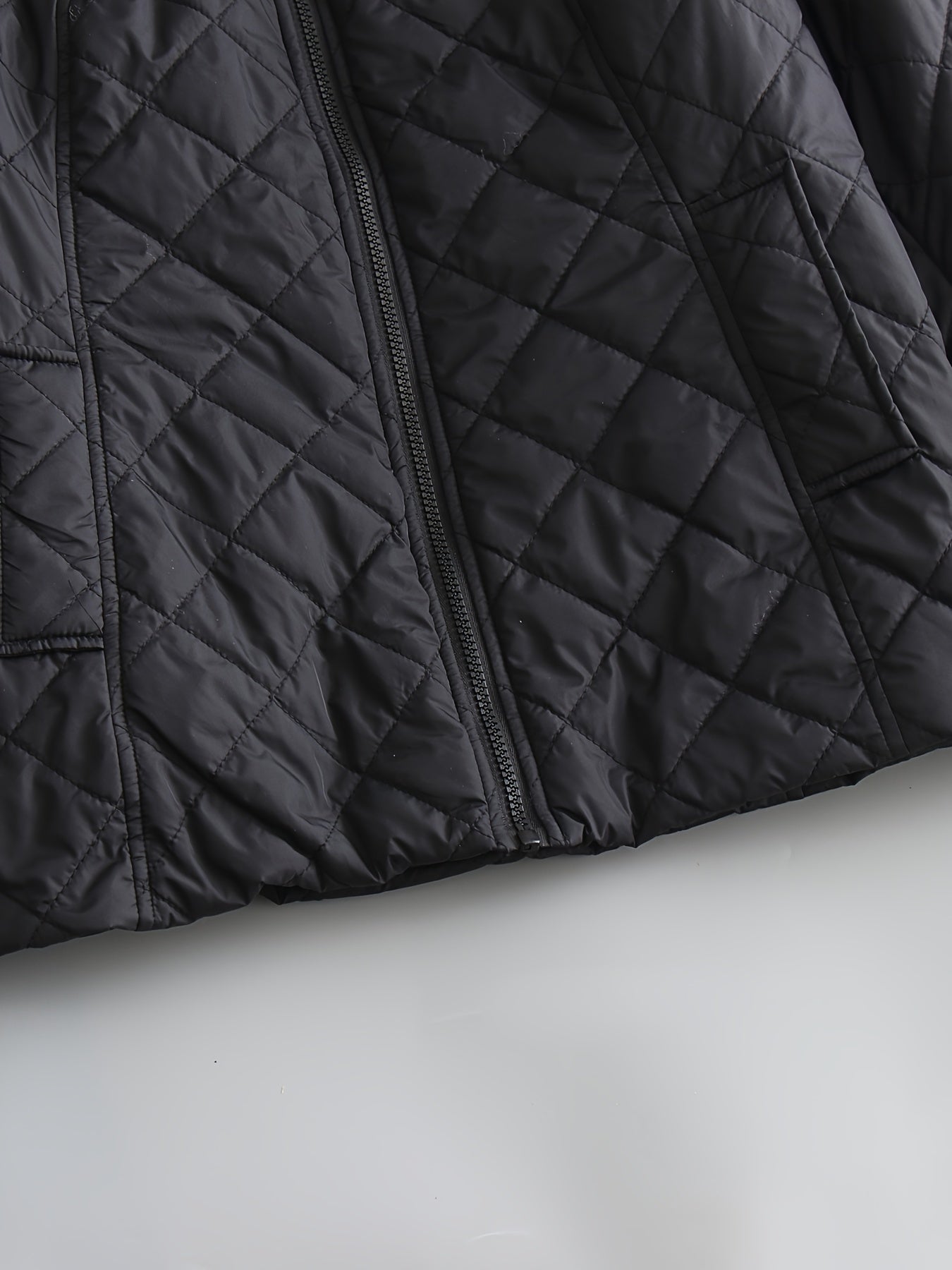 Plus Size Casual Coat, Women's Plus Solid Quilted Zipper Long Sleeve Mock Neck Puffer Coat With Pockets