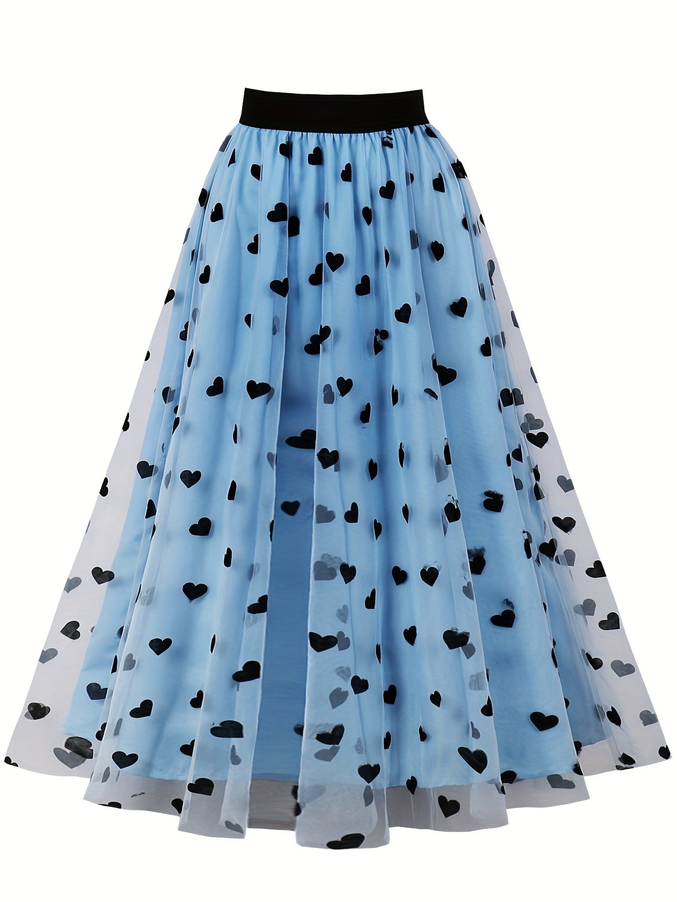 vlovelaw Heart Print Mesh Overlay Skirt, Elegant Skirt For Spring & Summer, Women's Clothing