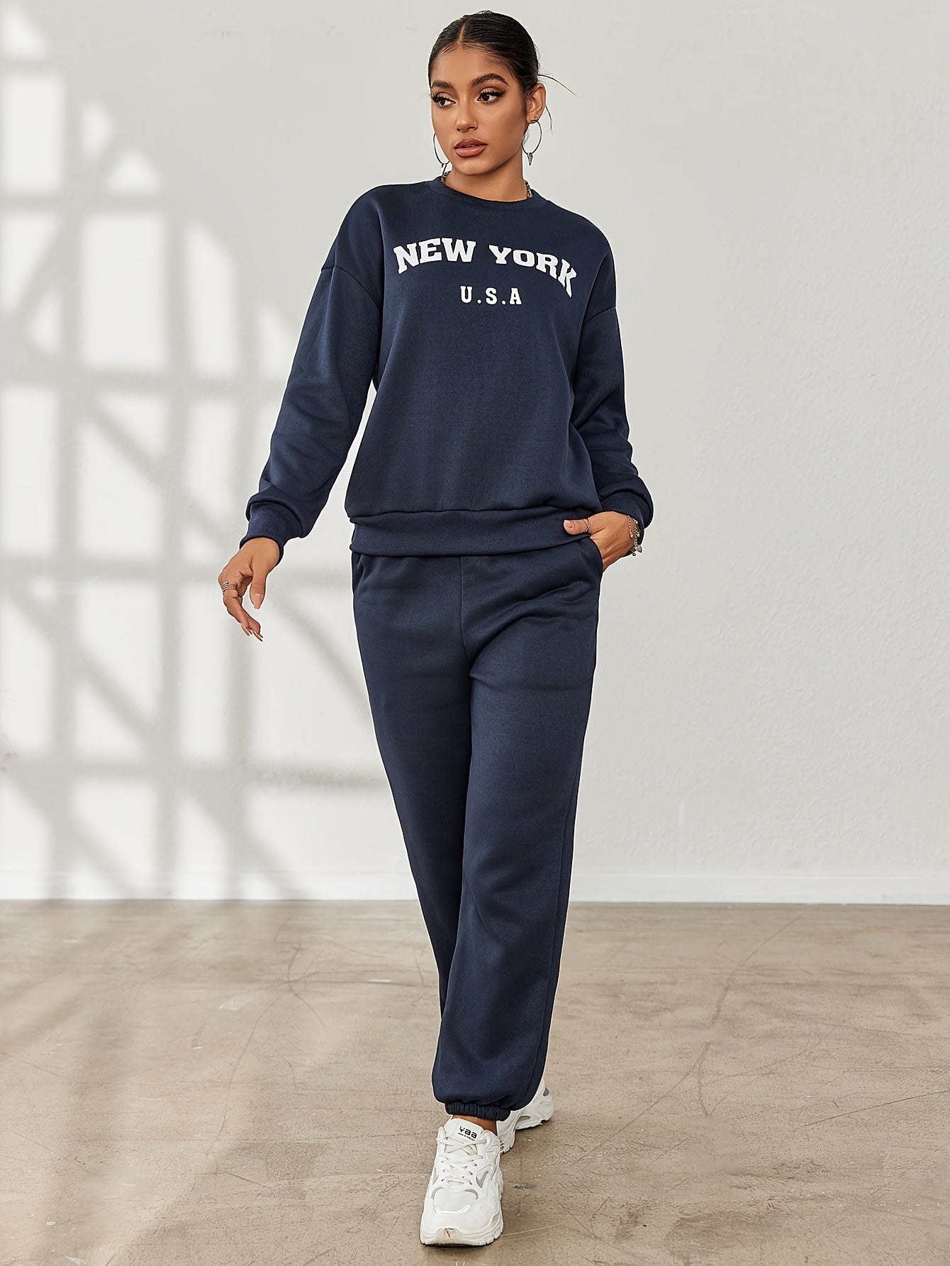 Casual Workout Two-piece Set, Letter Print Long Sleeve Sweatshirt & Solid Jogger Pants Outfits, Women's Clothing