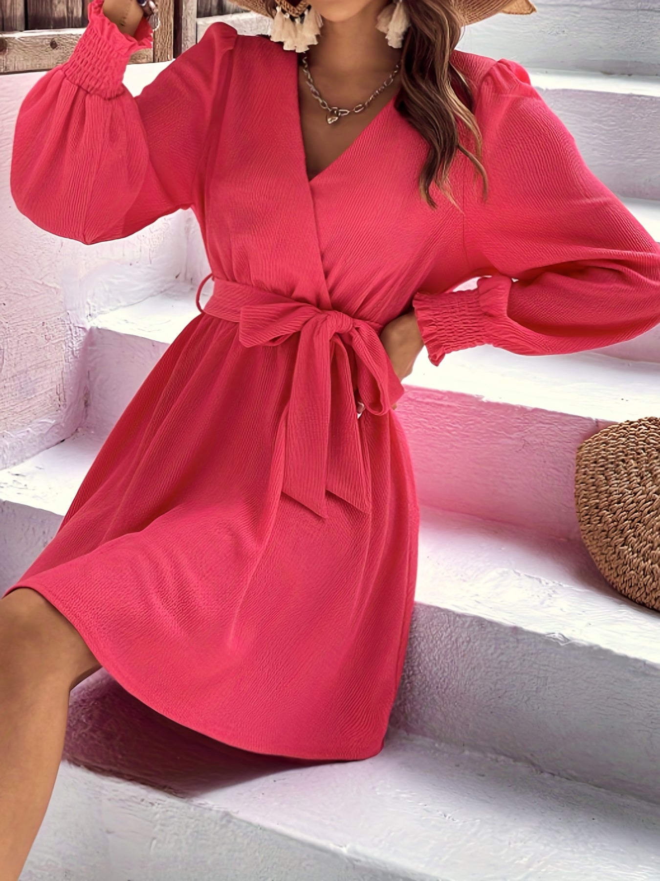 Shirred Surplice Neck Dress, Casual Long Sleeve Pleated Dress, Women's Clothing