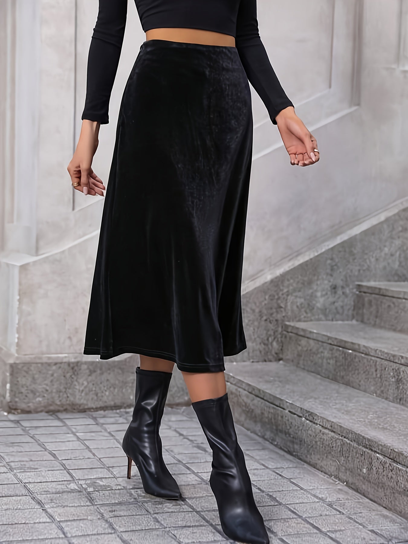 vlovelaw  Solid High Waist Velvet Skirt, Elegant A Line Midi Skirt, Women's Clothing