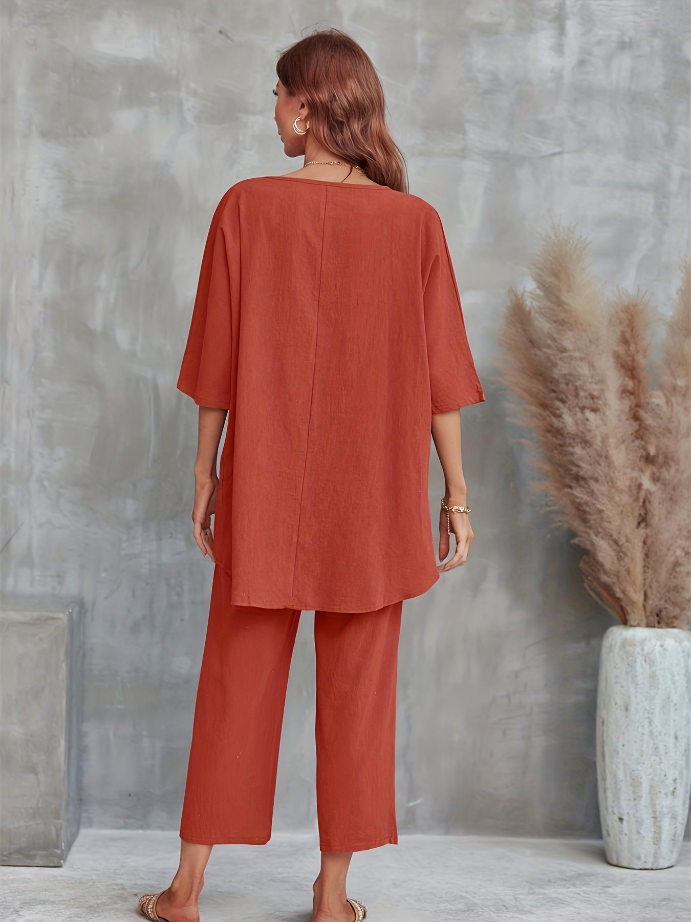 vlovelaw Solid Casual Two-piece Set, Crew Neck Half Sleeve Tee & Wide Leg Pants Outfits, Women's Clothing