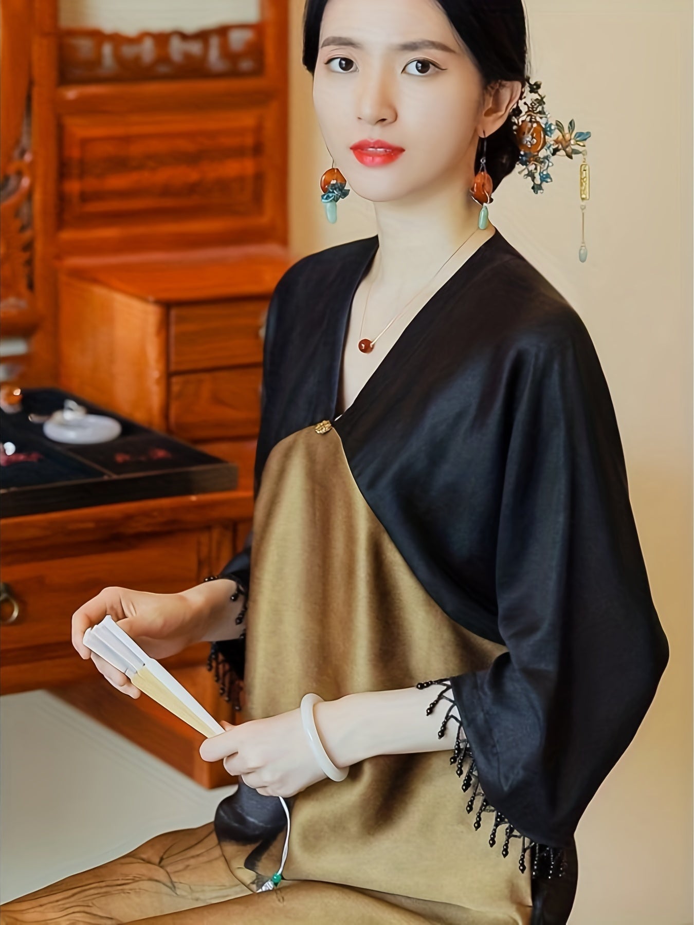 Color Block V Neck Cheongsam Dress, Vintage Split Neo-Chinese Style Qipao Dress, Women's Clothing