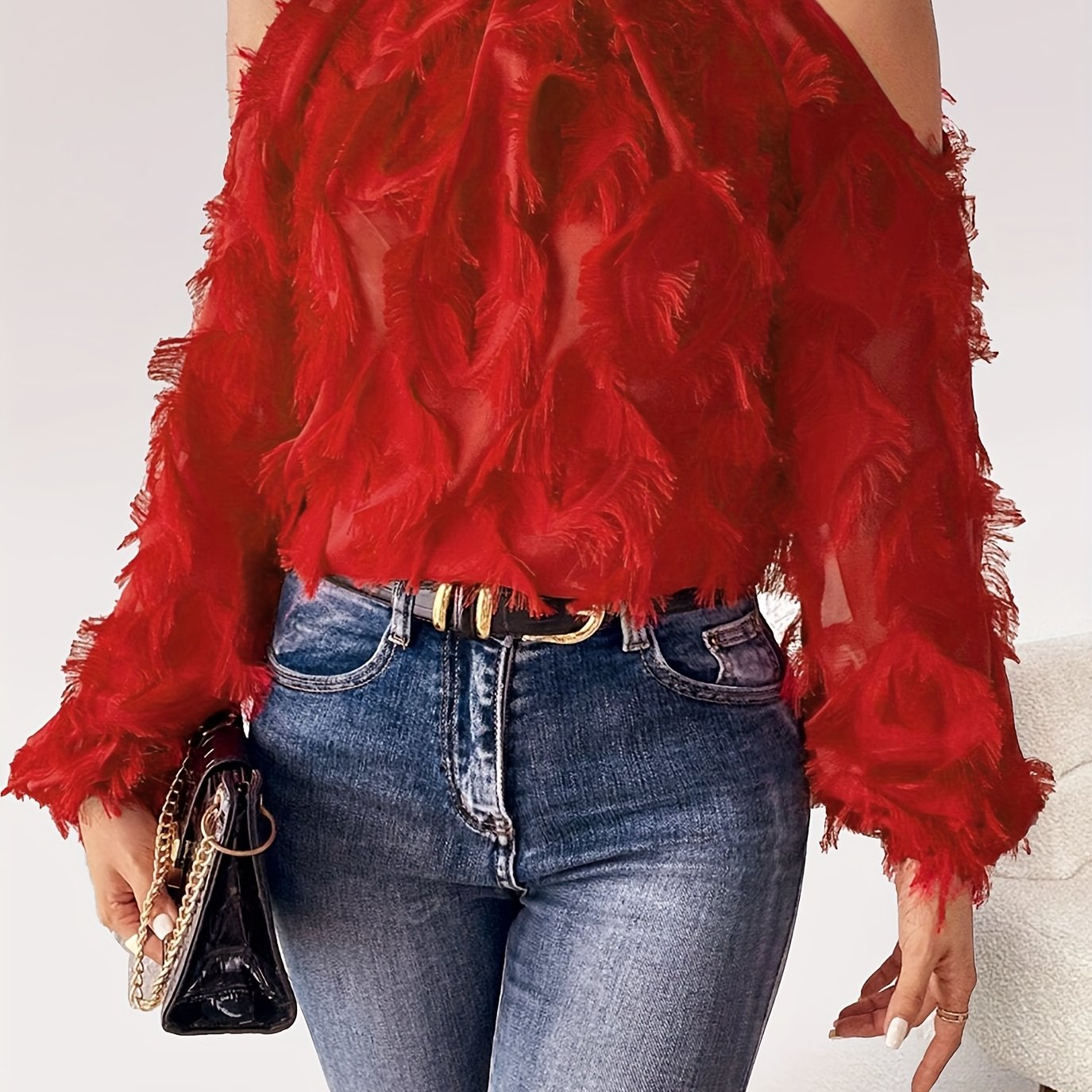 vlovelaw Plus Size Fringe Trim Top, Casual Cold Shoulder Long Sleeve Top, Women's Plus Size Clothing