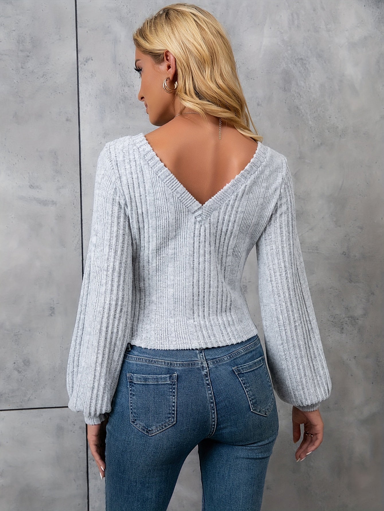 vlovelaw Ribbed V Neck T-shirt, Elegant Long Sleeve Top For Spring & Fall, Women's Clothing