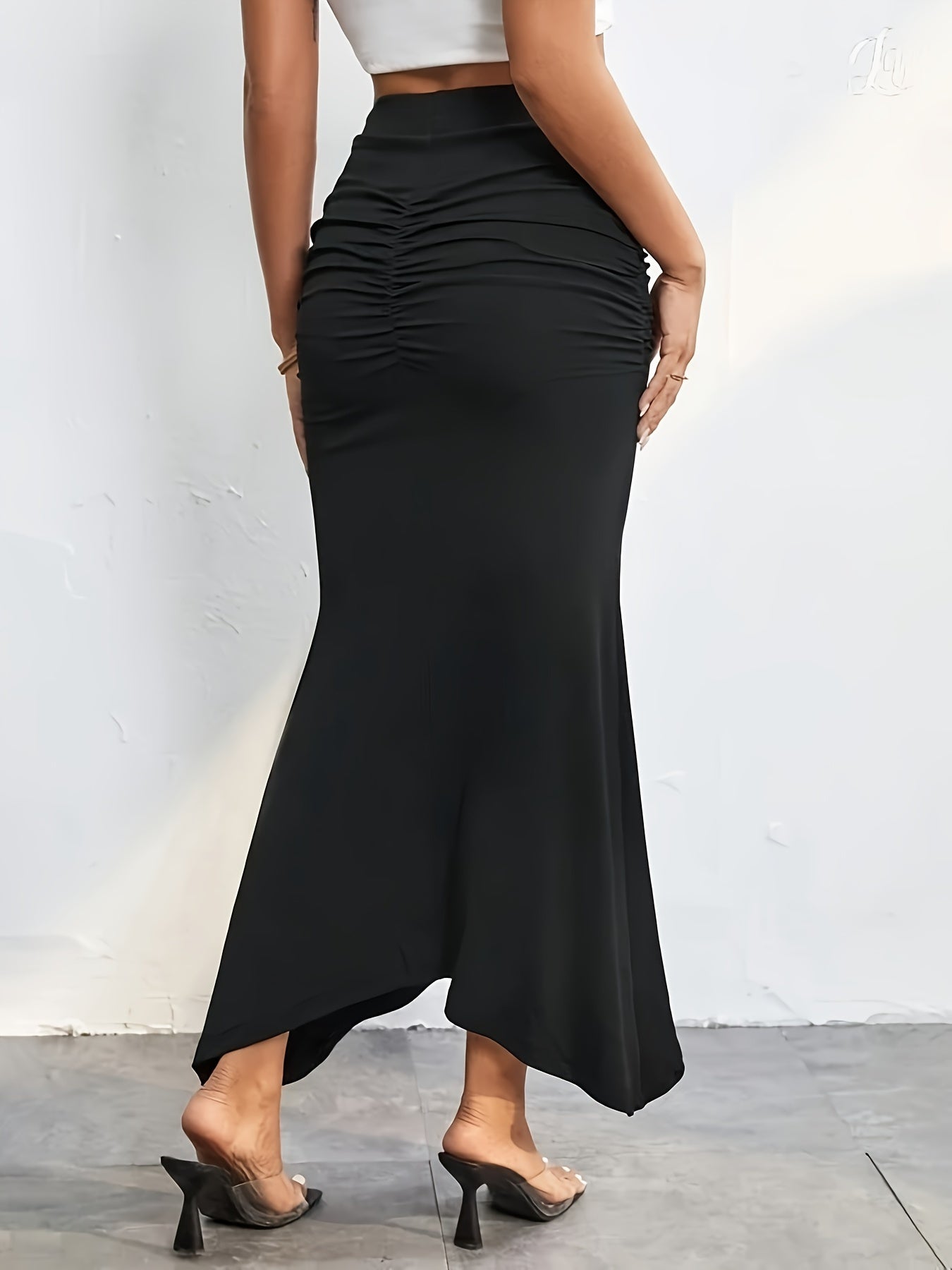 High Waist Mermaid Hem Skirts, Elegant Slim Ruched Maxi Skirts, Women's Clothing