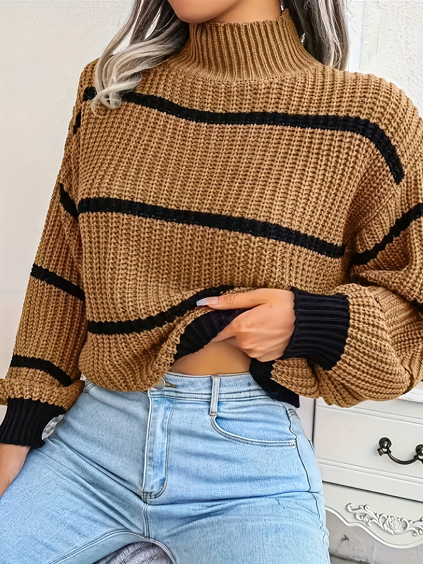 vlovelaw Striped Color Block Crew Neck Sweater, Casual Long Sleeve Loose Fall Winter Knit Sweater, Women's Clothing