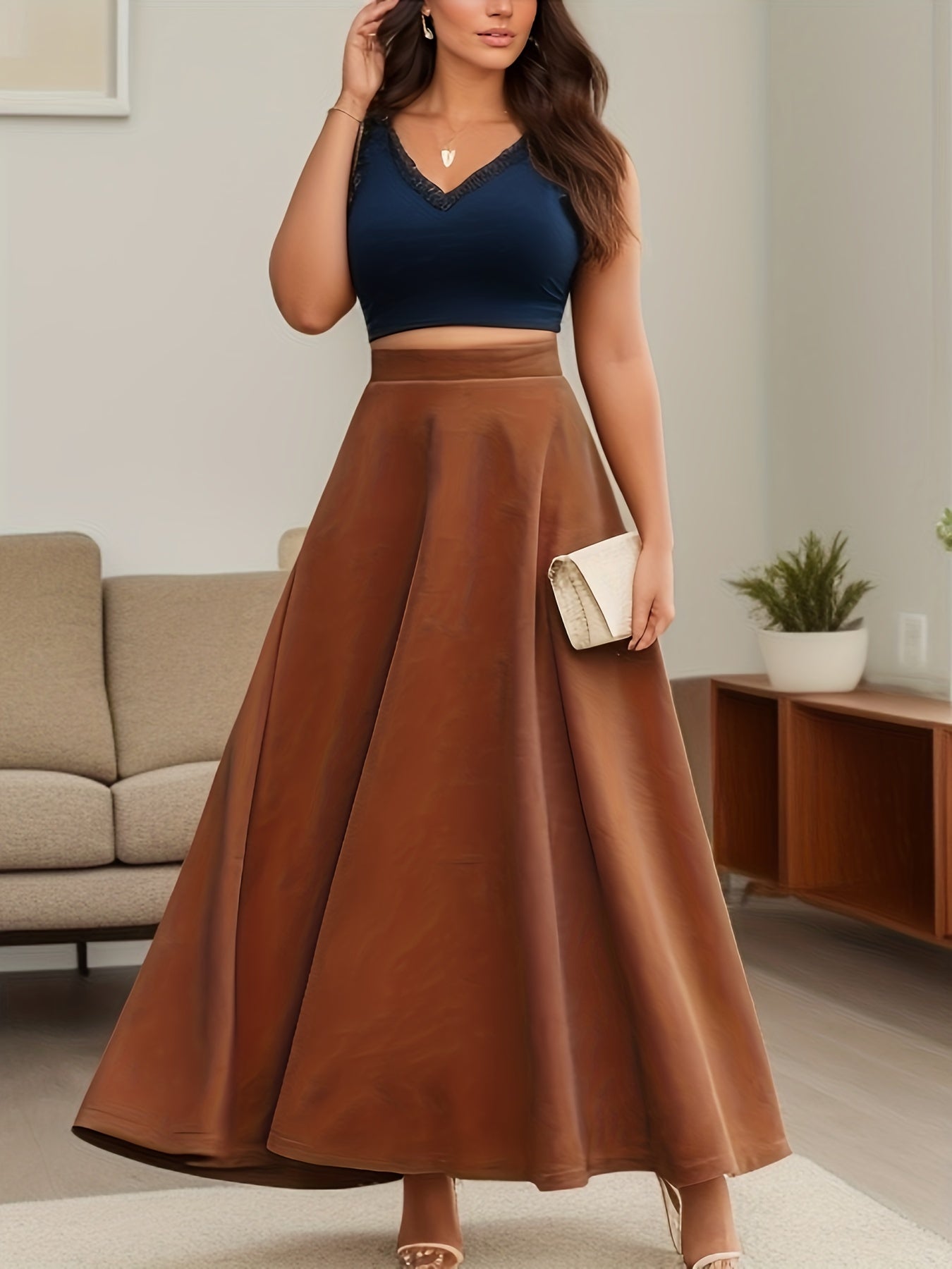 Plus Size Elegant Skirt, Women's Plus Solid High Rise Swing A-line Maxi Woolen Skirt
