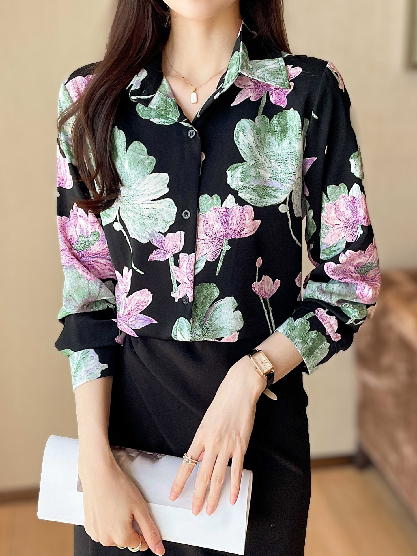 vlovelaw Floral Print Button Down Shirt, Vintage Long Sleeve Shirt For Spring & Fall, Women's Clothing