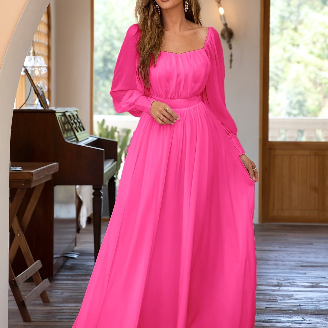 vlovelaw Solid Simple Dress, Elegant Long Sleeve Maxi Dress, Women's Clothing