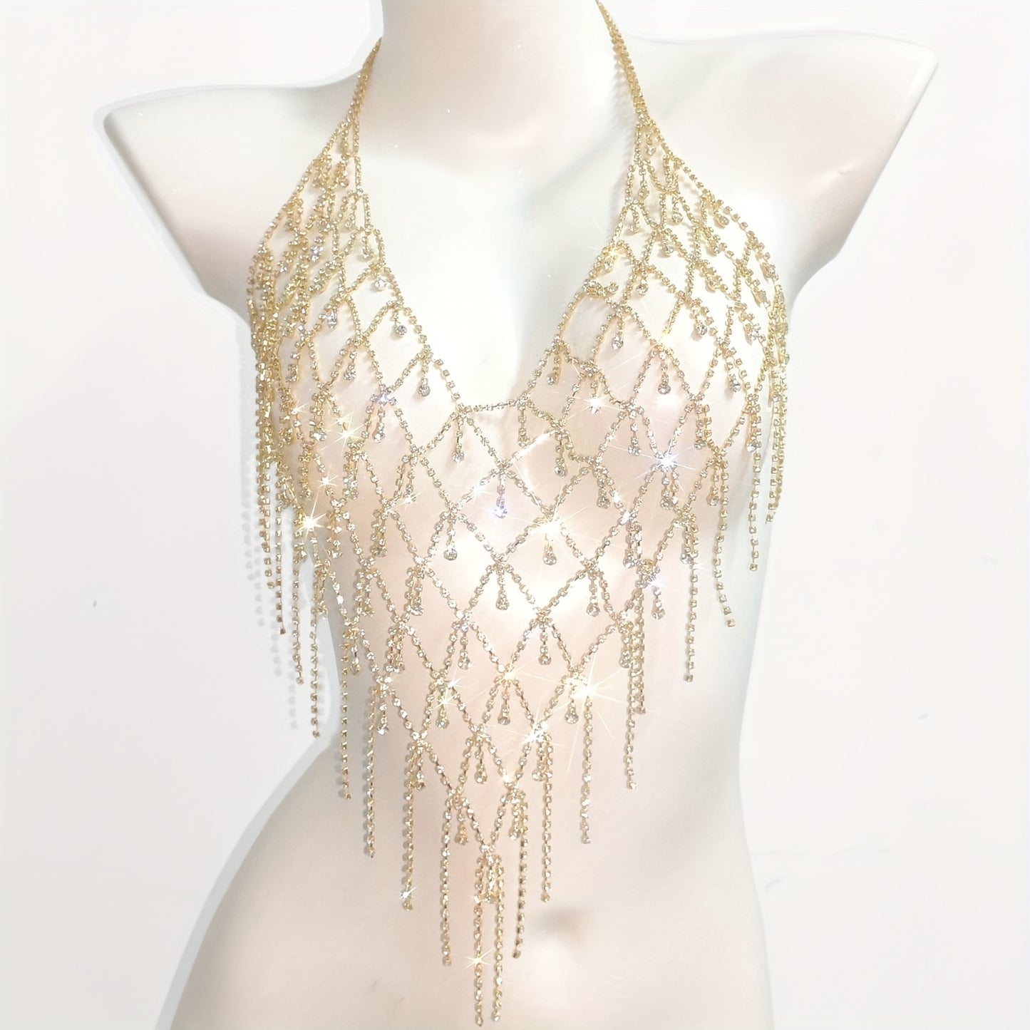 vlovelaw Halter Backless Hollow Out Crop Top Body Chain Inlaid Shiny Rhinestone Temperament Body Chain Accessories