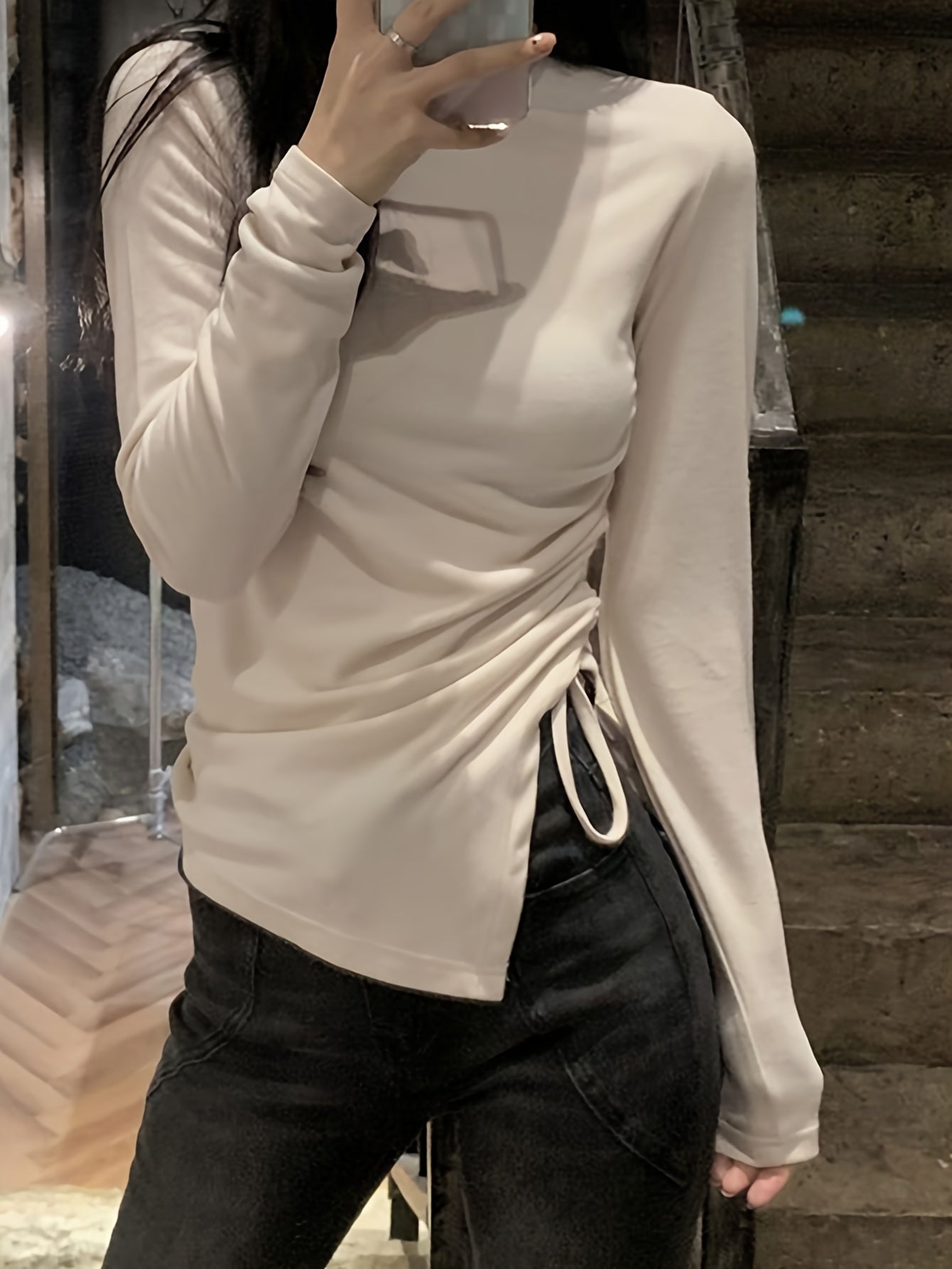 vlovelaw Solid Mock Neck Asymmetrical T-shirt, Casual Drawstring Side Long Sleeve Slim Top, Women's Clothing