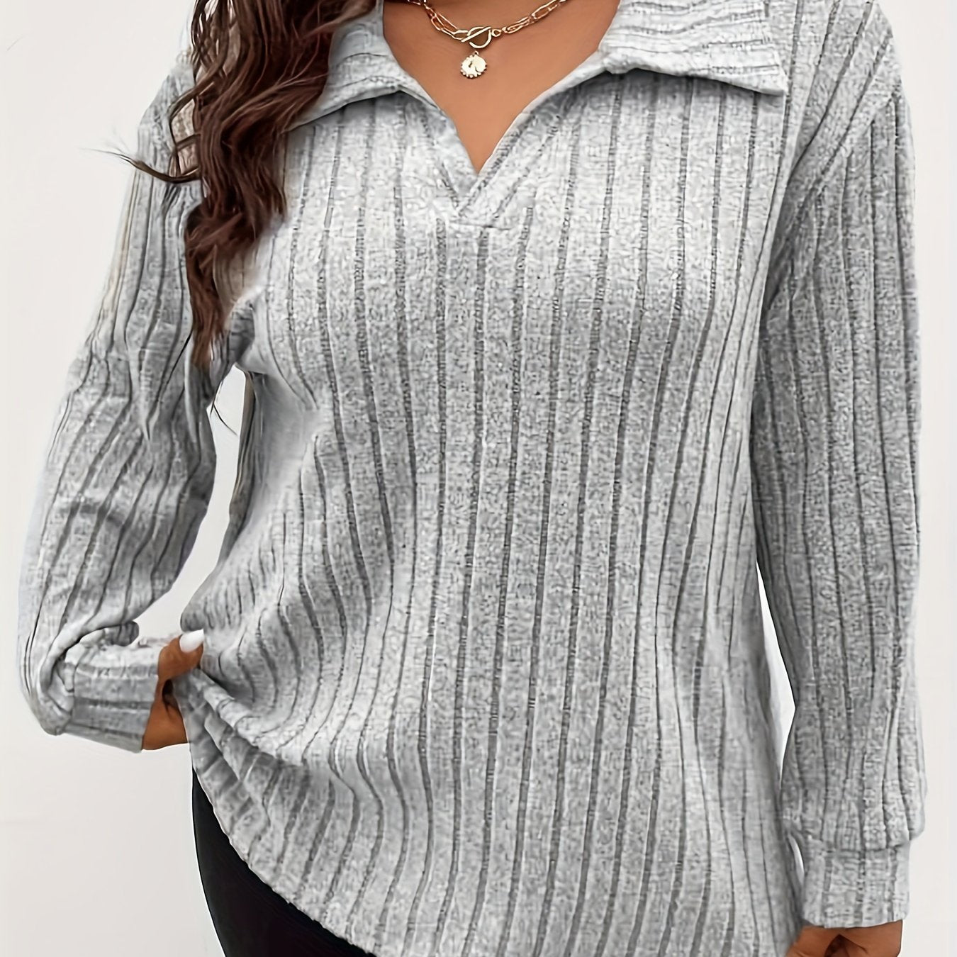 Plus Size Casual T-shirt, Women's Plus Solid Ribbed Long Sleeve Lapel Collar Slight Stretch T-shirt