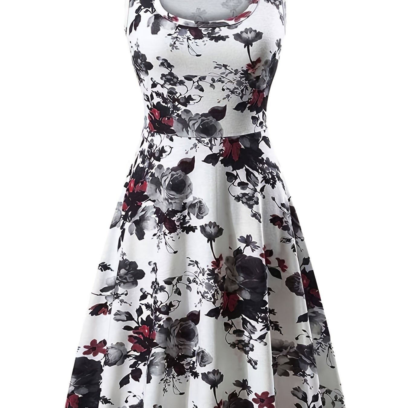 vlovelaw Plus Size Elegant Dress, Women's Plus Floral Print Round Neck Medium Stretch Tank Dress