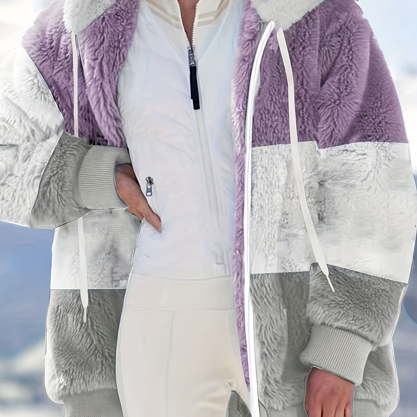 vlovelaw Plus Size Colorblock Fuzzy Hoodie Drawstring Zip Up Coat, Women's Plus Pocket Casual Overcoat