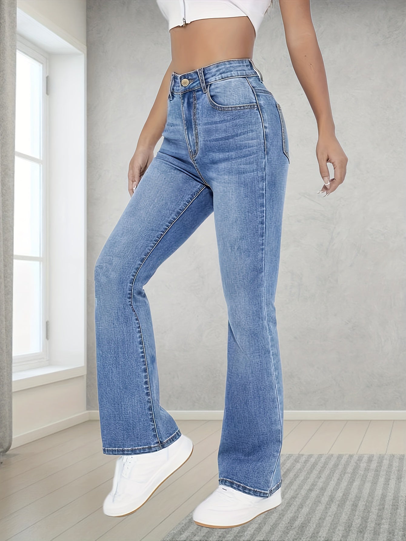 vlovelaw Light Blue Casual Bootcut Jeans, Mid-Stretch Slant Pockets High Waist Denim Pants, Women's Denim Jeans & Clothing