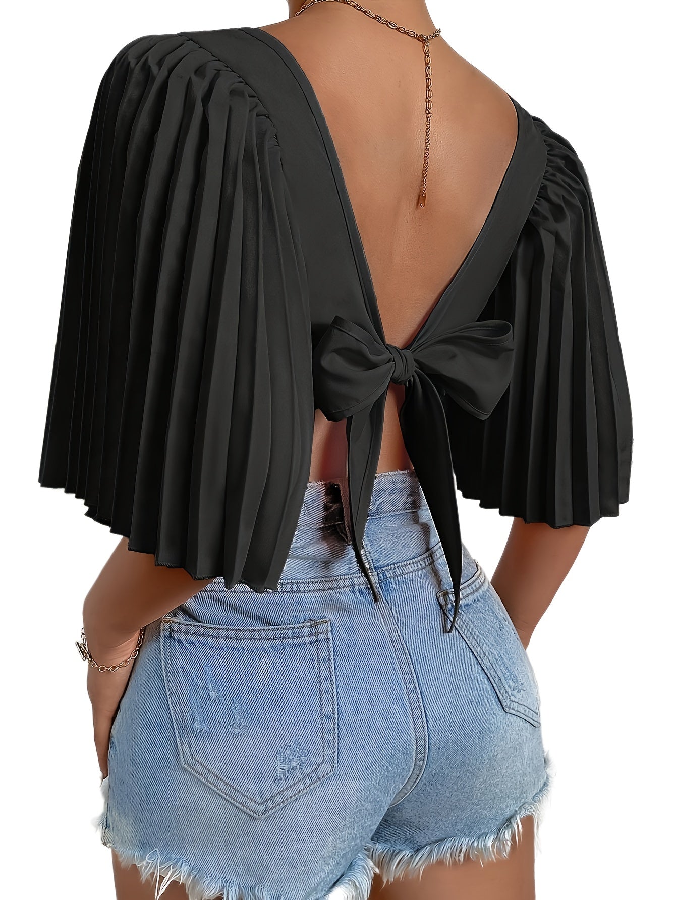 vlovelaw Solid Color Striped Spliced T-shirt, Boho Bustier Tie Back Short Sleeve T-Shirt For Spring & Summer, Women's Clothing