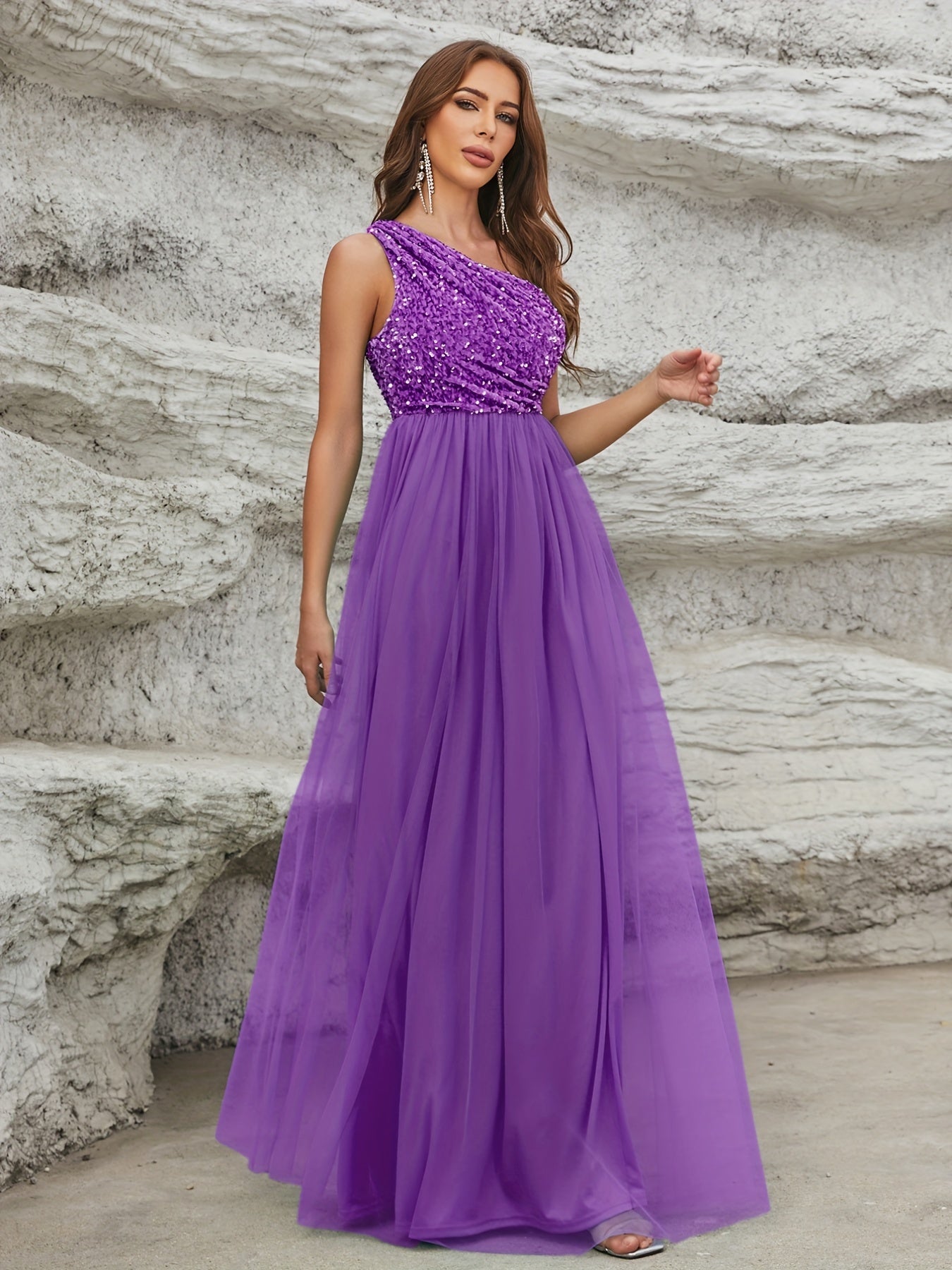 vlovelaw One Shoulder Sequin Dress, Elegant Sleeveless Dress For Party & Banquet, Women's Clothing