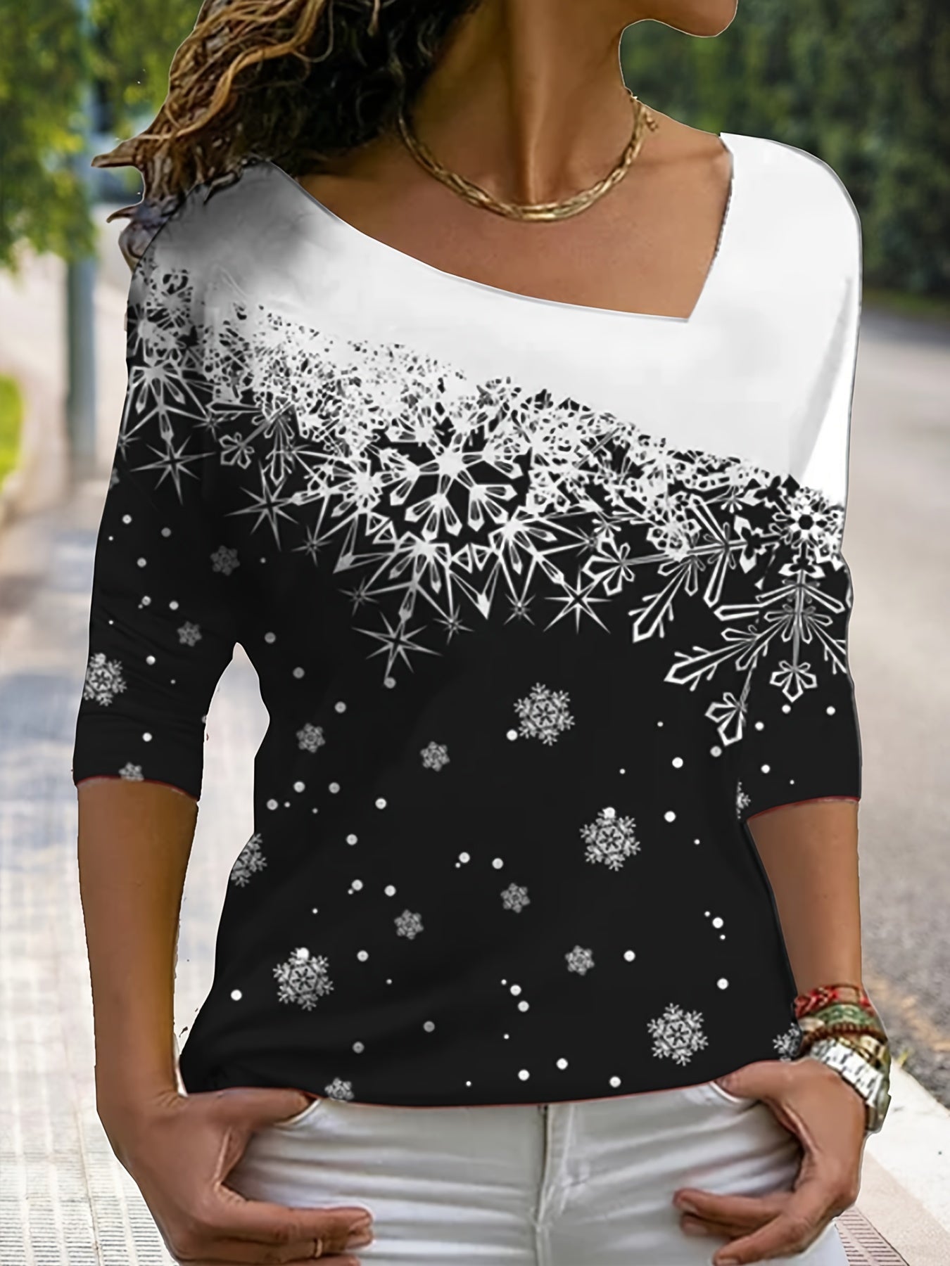 vlovelaw Snowflake Print Slant V Neck T-Shirt, Casual Long Sleeve Top For Spring & Fall, Women's Clothing