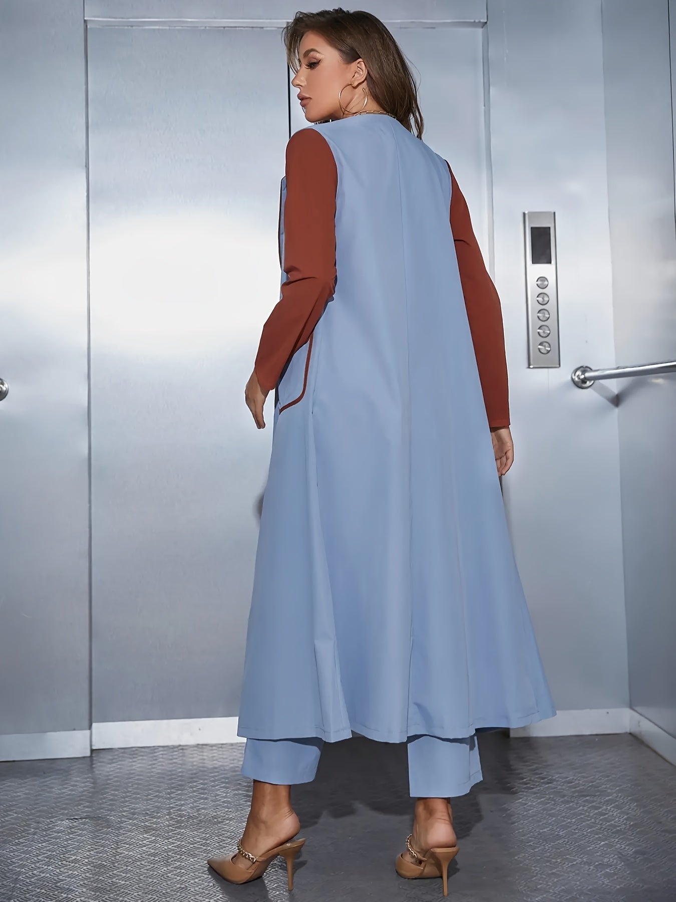 vlovelaw Casual Colorblock Two-piece Set, Collared Long Sleeve Coat & Wide Leg Pants Outfits, Women's Clothing