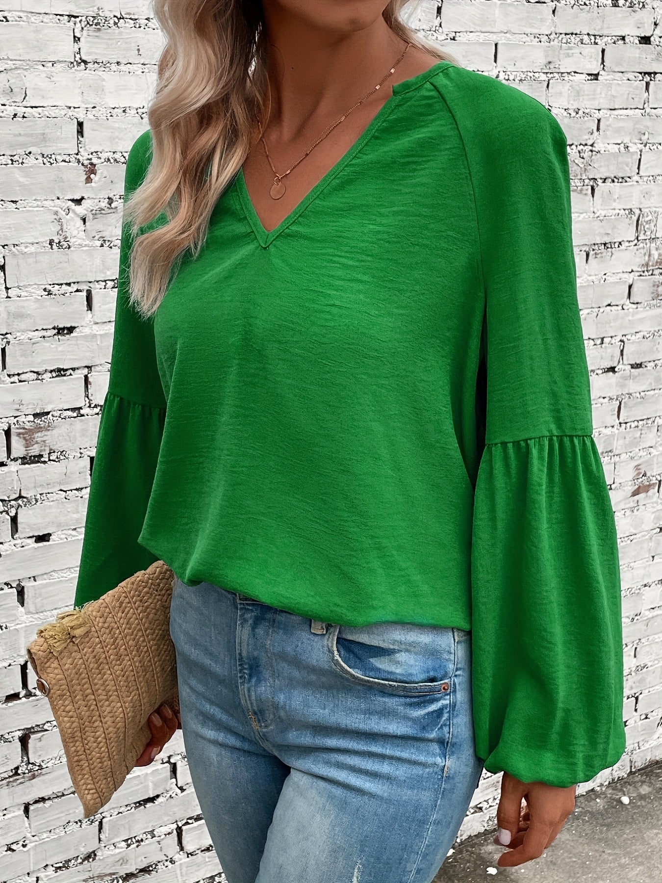 Solid Simple Blouse, Casual V Neck Lantern Long Sleeve Blouse, Women's Clothing