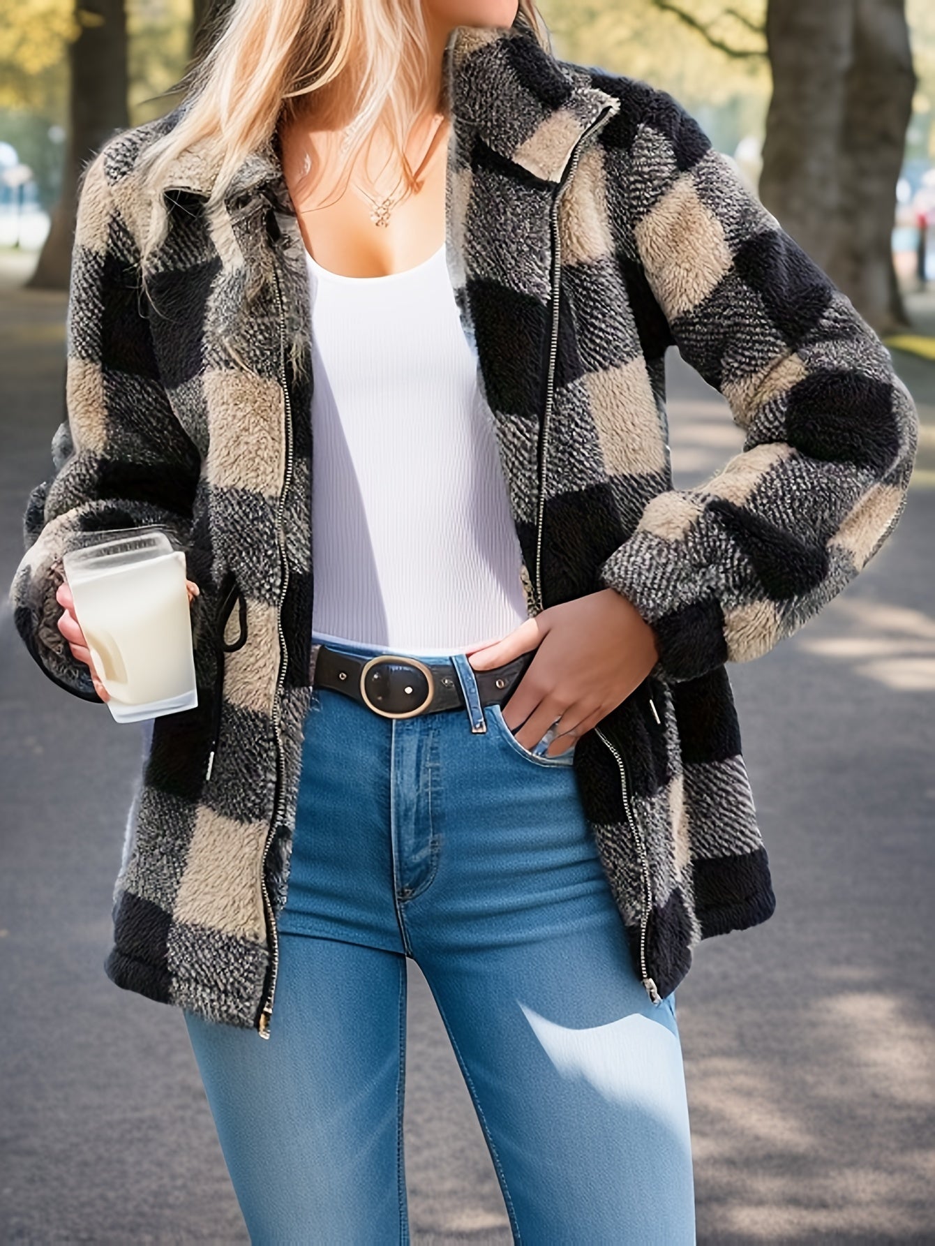 vlovelaw Plaid Pattern Drawstring Teddy Coat, Versatile Zipper Long Sleeve Warm Outwear For Fall & Winter, Women's Clothing