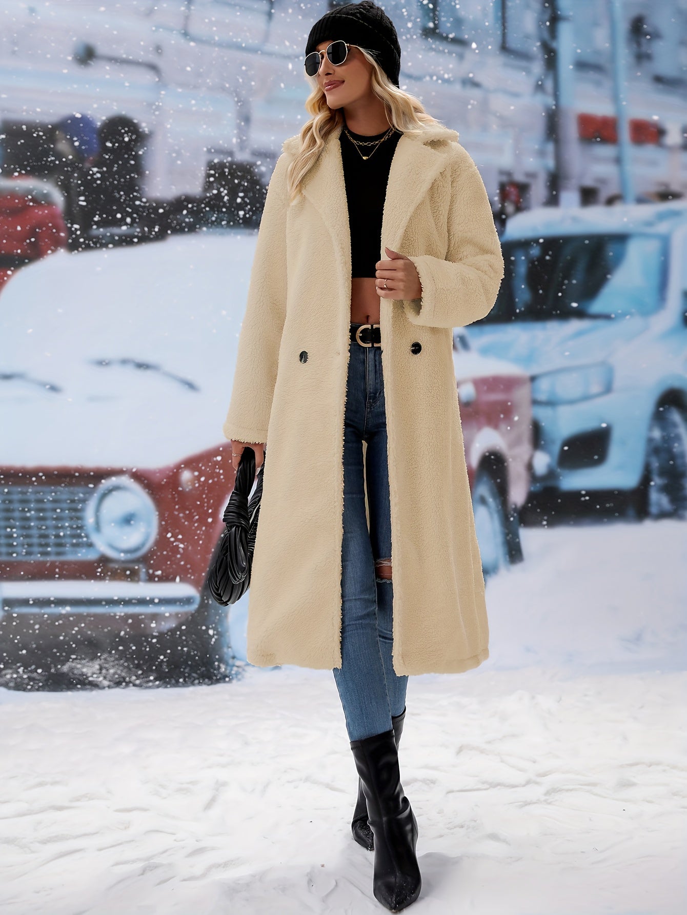 Solid Double Breasted Teddy Coat, Elegant Lapel Thermal Longline Coat For Fall & Winter, Women's Clothing