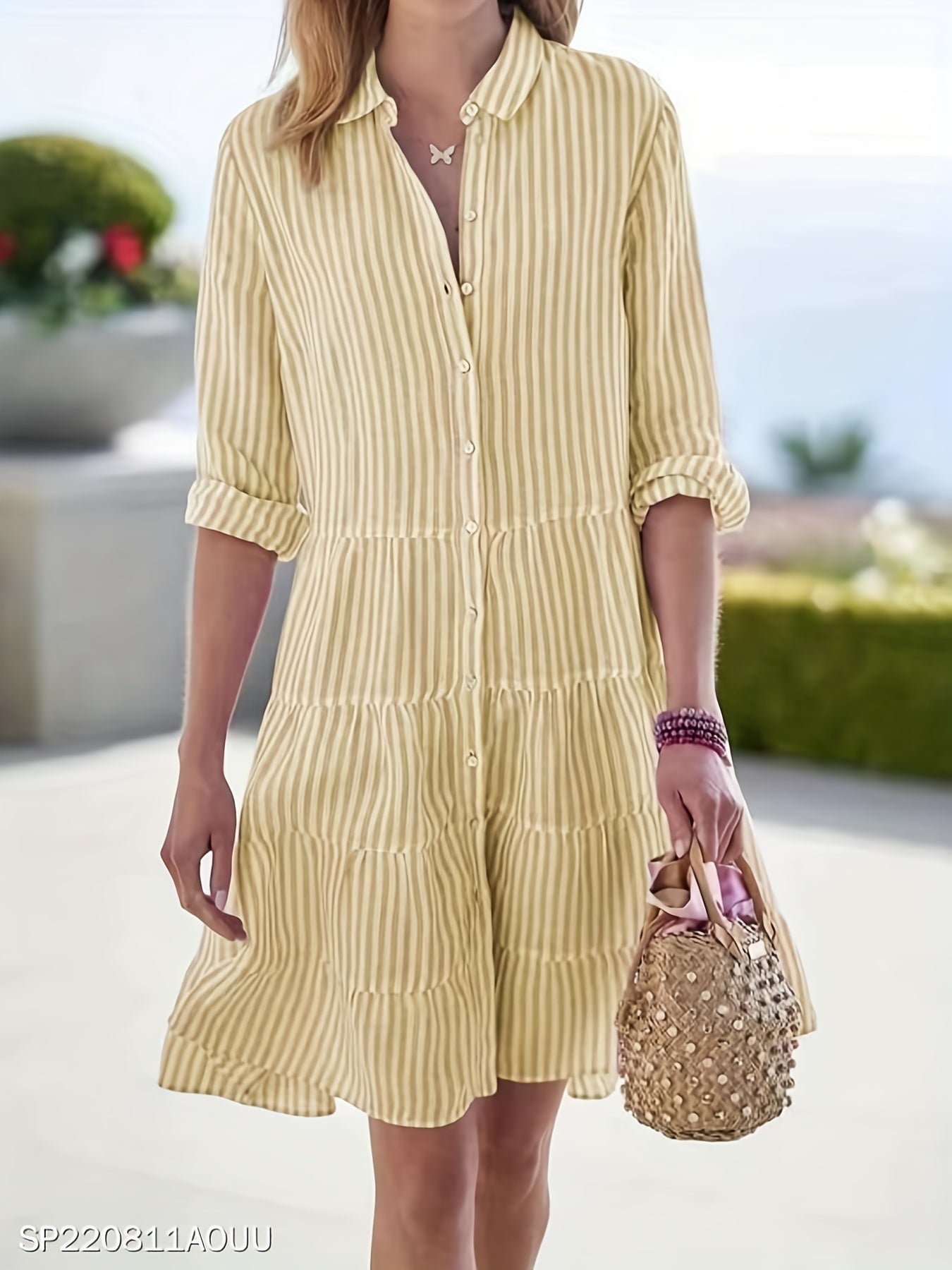 vlovelaw Striped Ruffle Layered Hem Shirt Dress, Casual Button Long Sleeve Tiered Dress, Women's Clothing