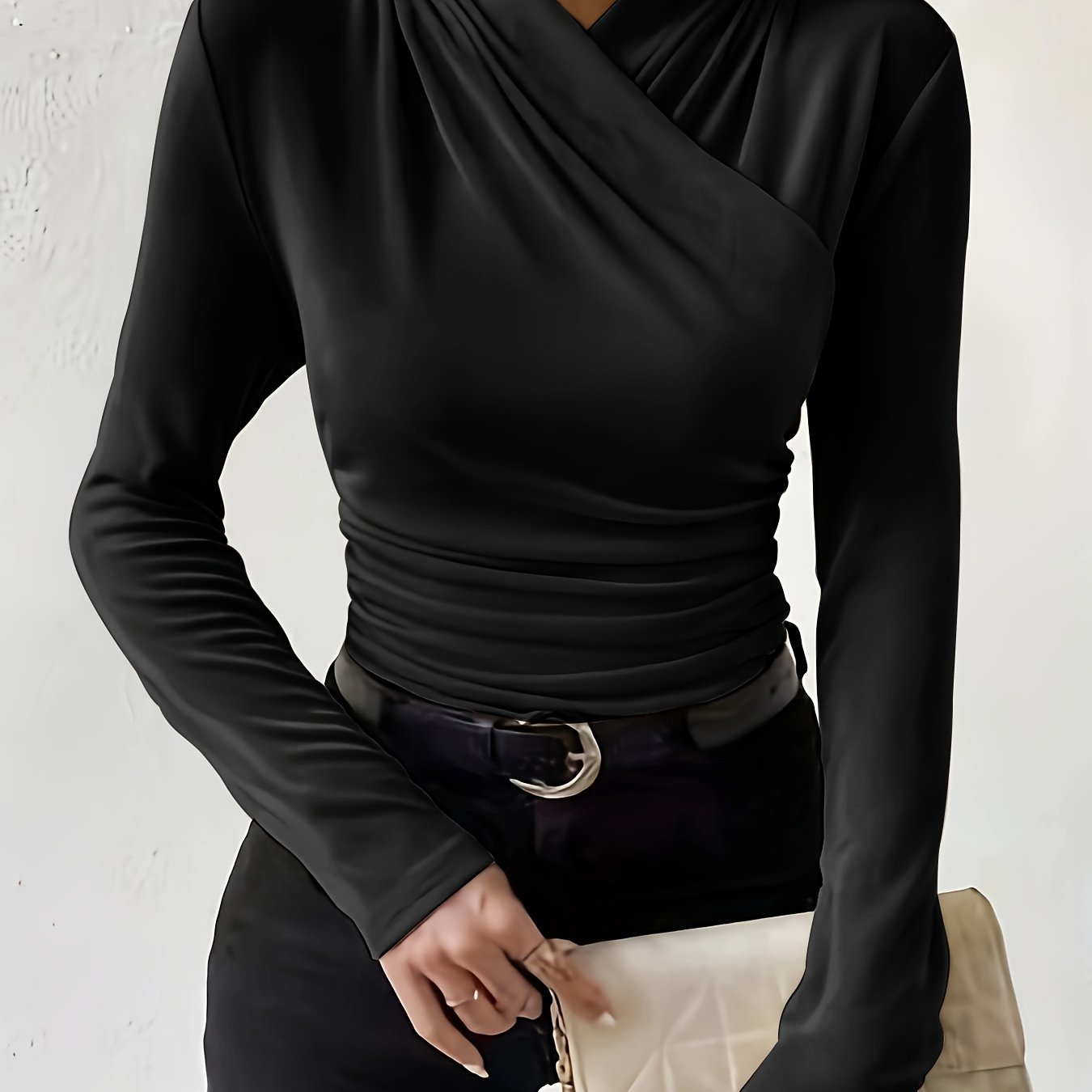 vlovelaw Solid Color Ruched T-Shirt, Casual Long Sleeve Top For Spring & Fall, Women's Clothing