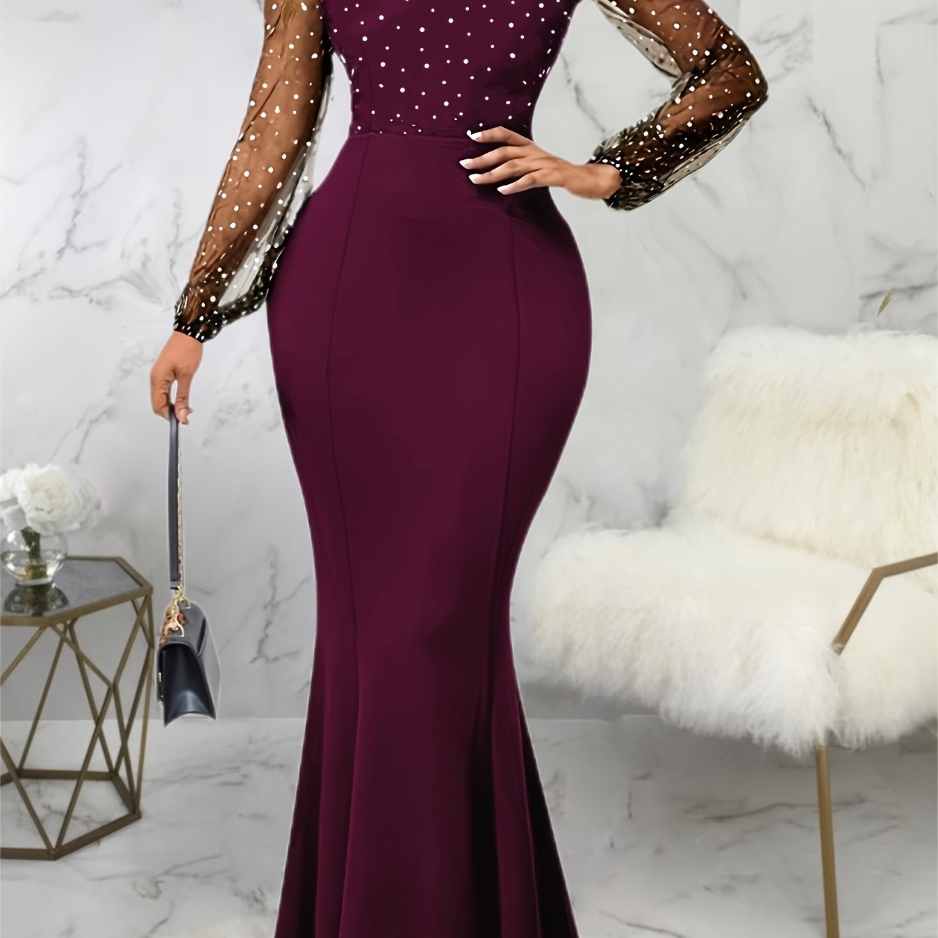 Solid Sheer Sleeve Dress, Elegant Crew Neck Mermaid Bodycon Maxi Party Dress, Women's Clothing