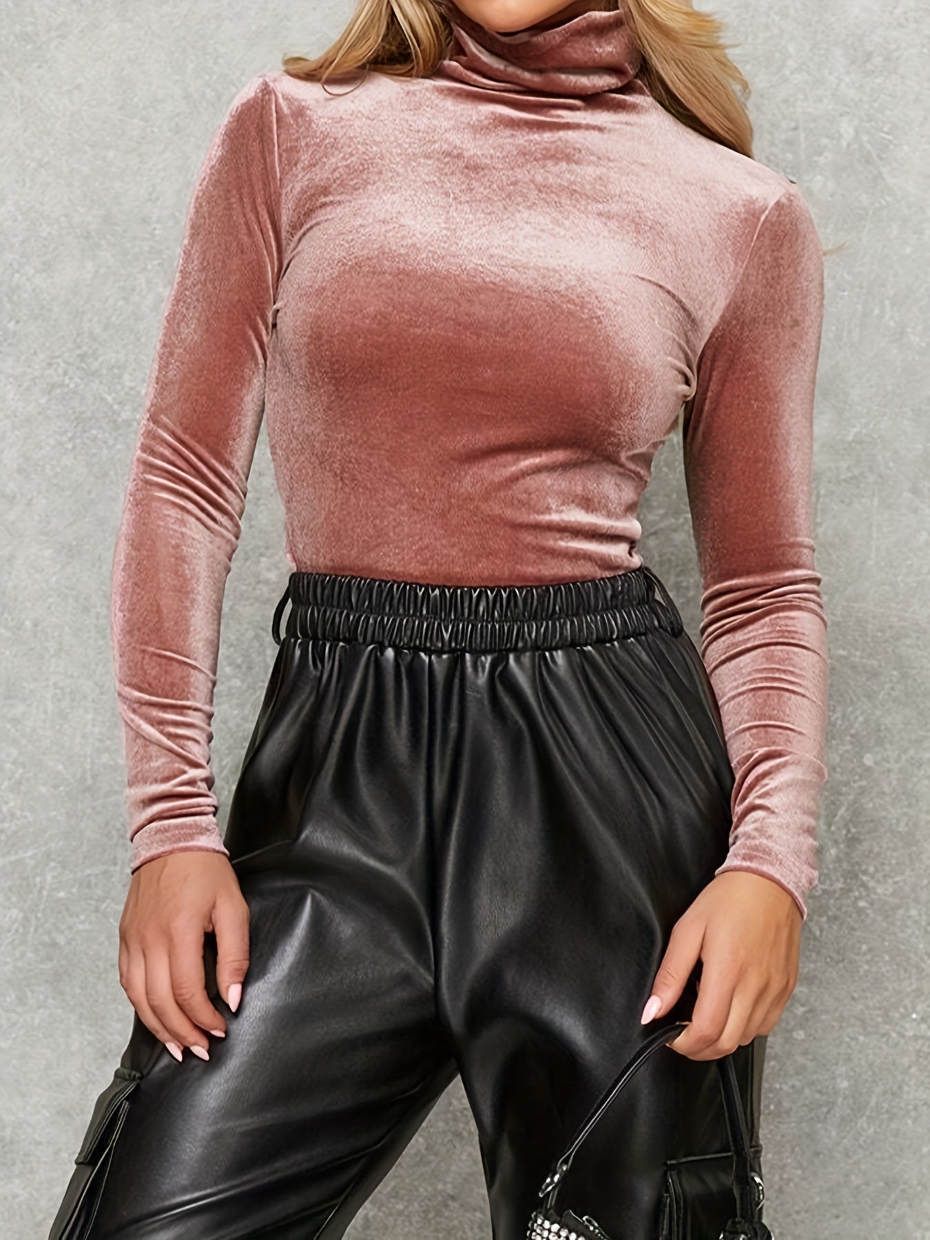 vlovelaw Solid Velvet Mock Neck T-Shirt, Casual Long Sleeve Slim Top For Spring & Fall, Women's Clothing