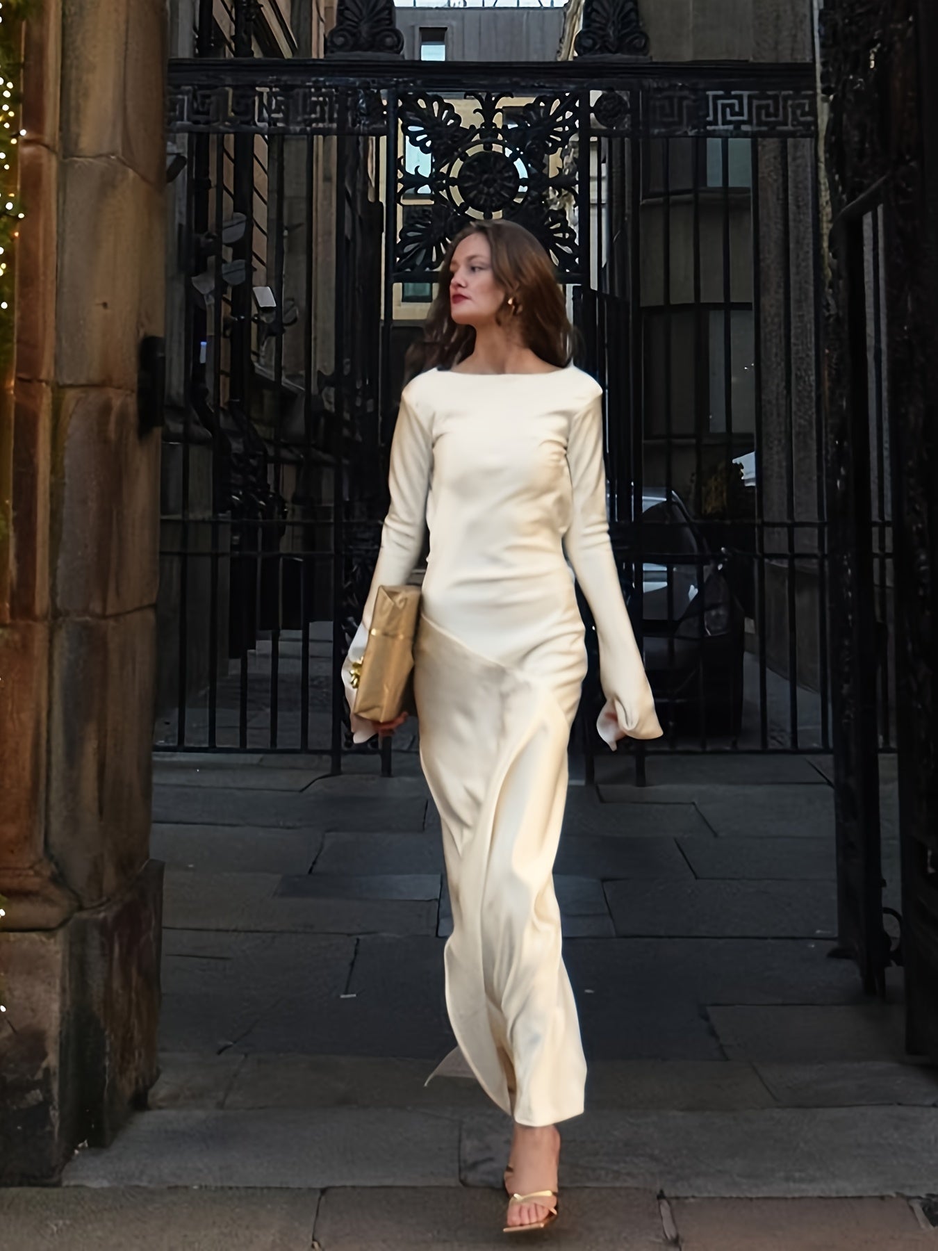 vlovelaw Satin Boat Neck Dress, Elegant Long Sleeve Draped For Spring & Fall, Women's Clothing