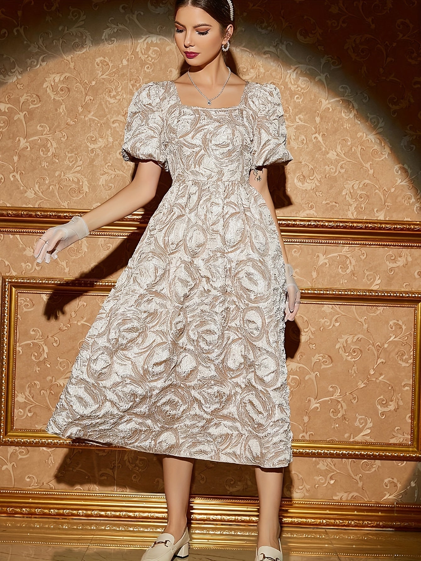 vlovelaw Floral Print Square Neck Dress, Elegant Short Sleeve Dress For Spring & Summer, Women's Clothing