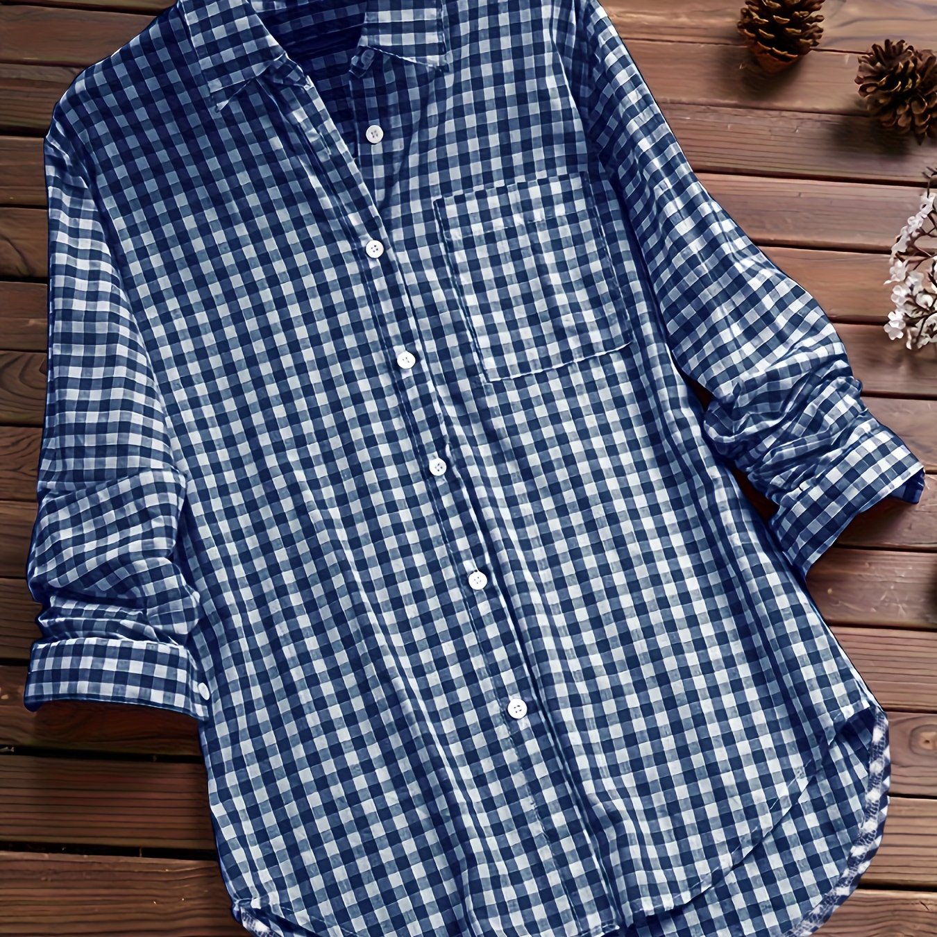 Gingham Print Classic Shirt, Vintage Button Front Long Sleeve Shirt With A Collar, Women's Clothing