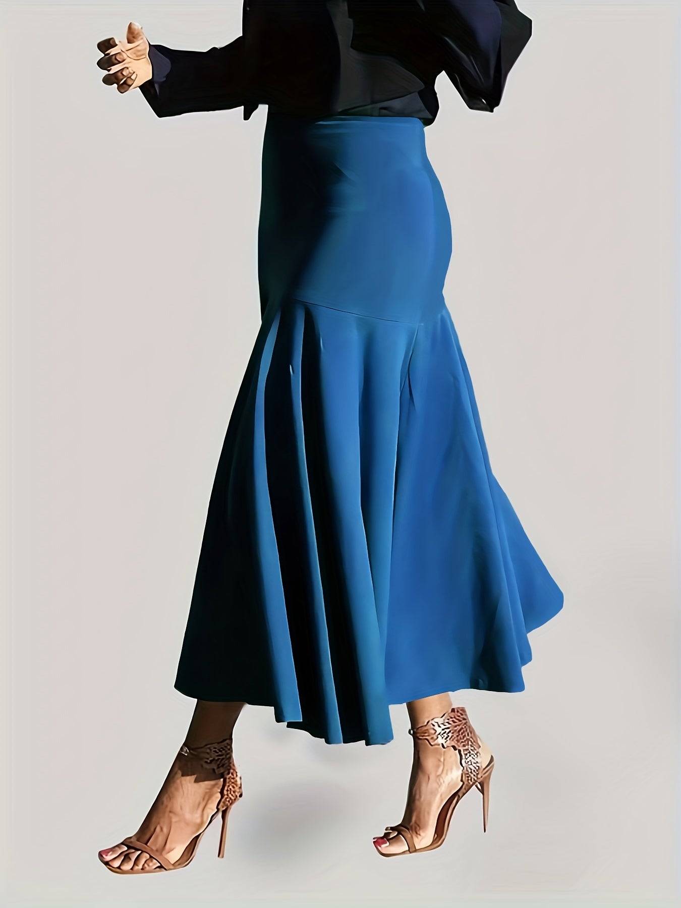 vlovelaw Plus Size Party Skirt, Women's Plus Solid High Rise Non-stretch Maxi Mermaid Skirt