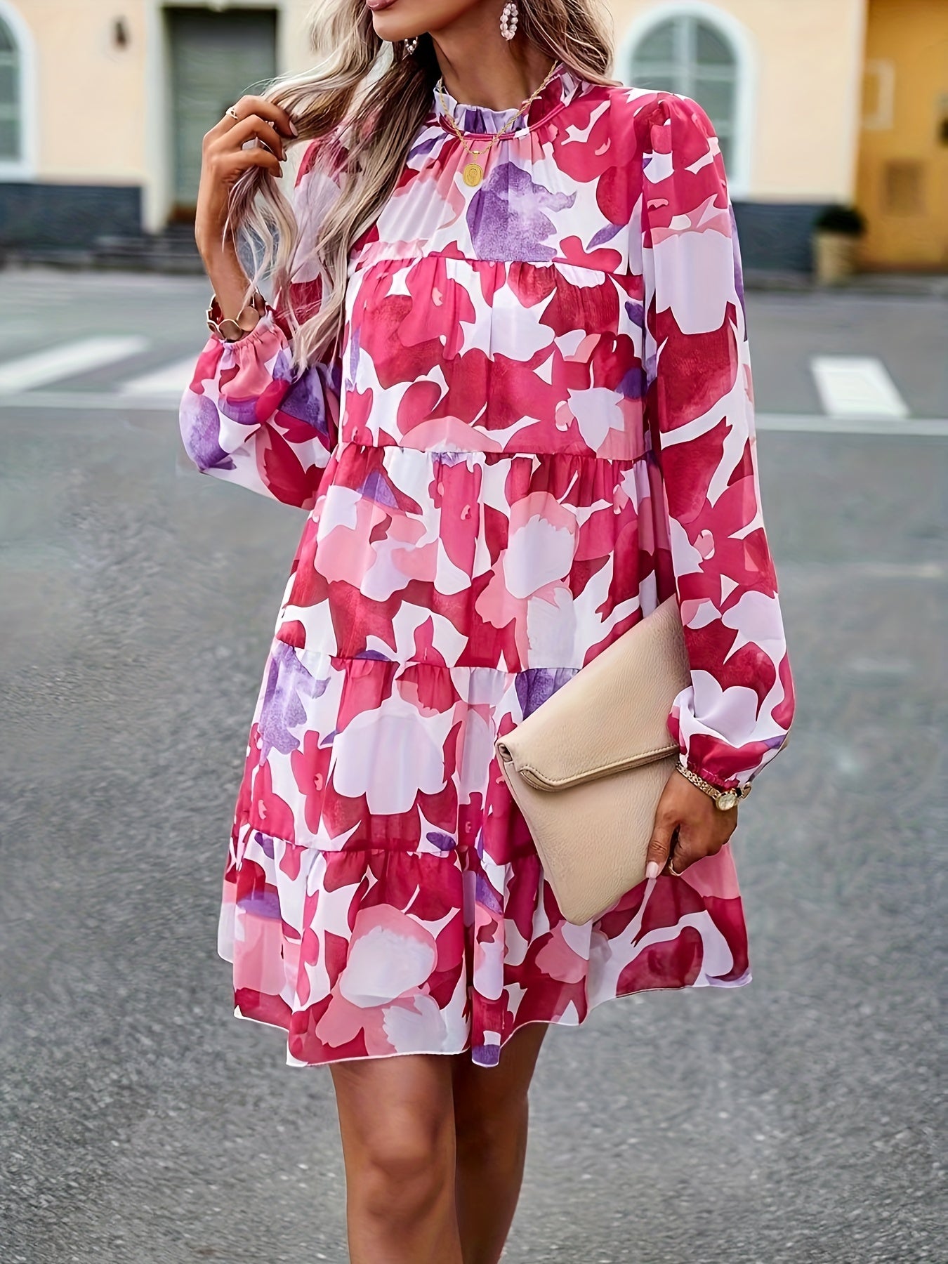 vlovelaw Floral Print Ruffle Hem Tiered Dress, Casual Lantern Sleeve Dress For Spring & Fall, Women's Clothing