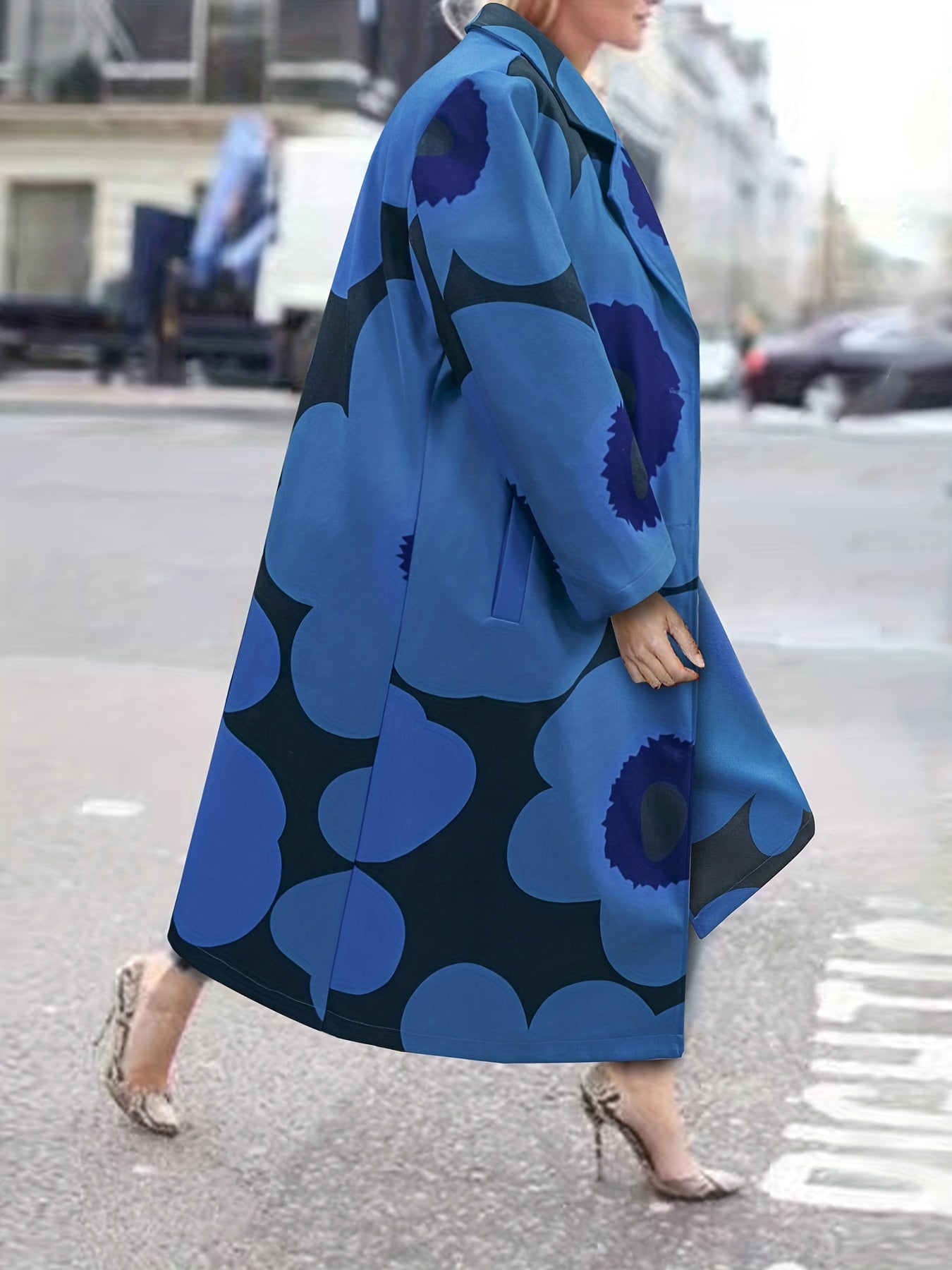 Plus Size Casual Coat, Women's Plus Floral Print Long Sleeve Lapel Collar Longline Overcoat With Pockets