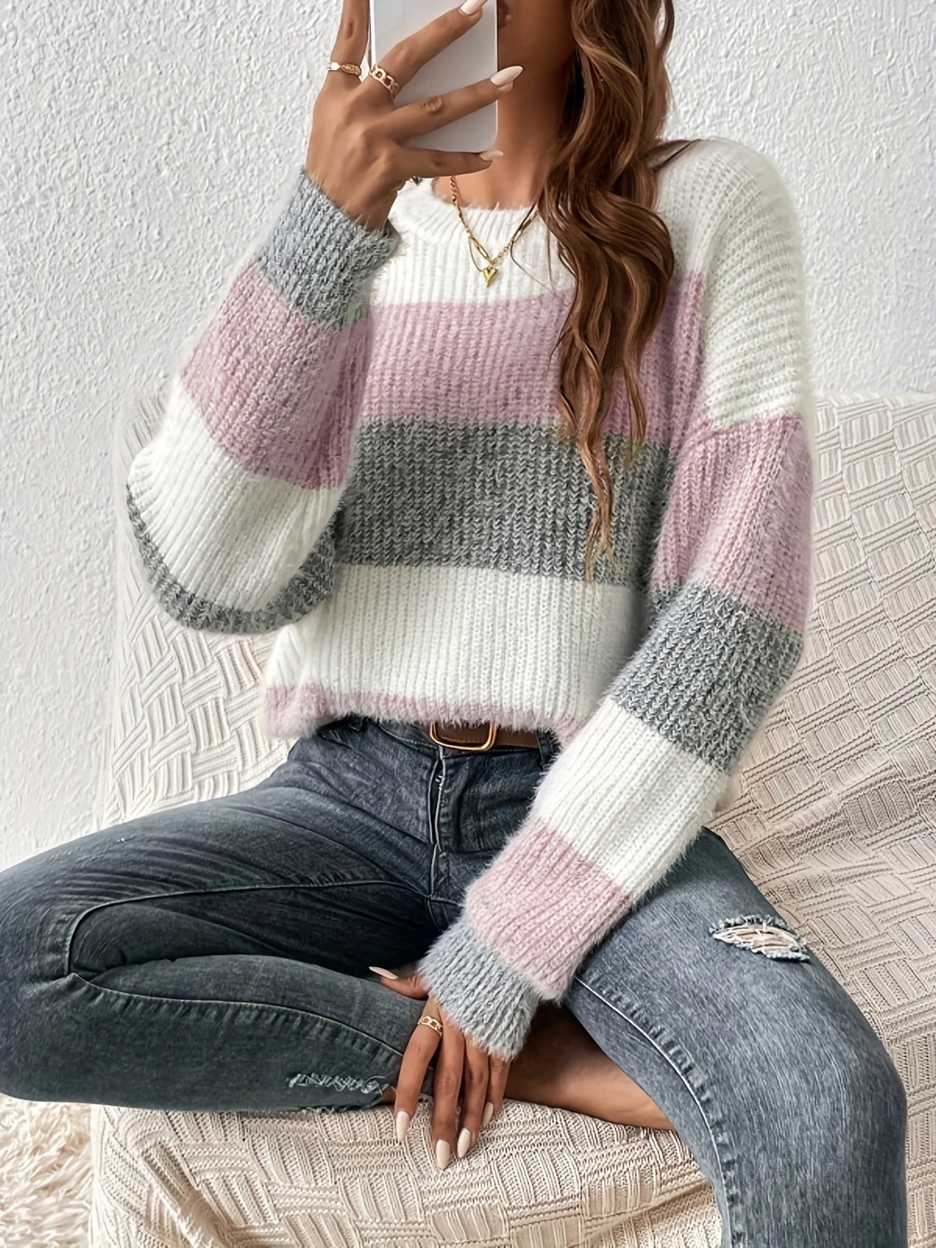 Color Block Crew Neck Pullover Sweater, Casual Long Sleeve Sweater For Fall & Winter, Women's Clothing