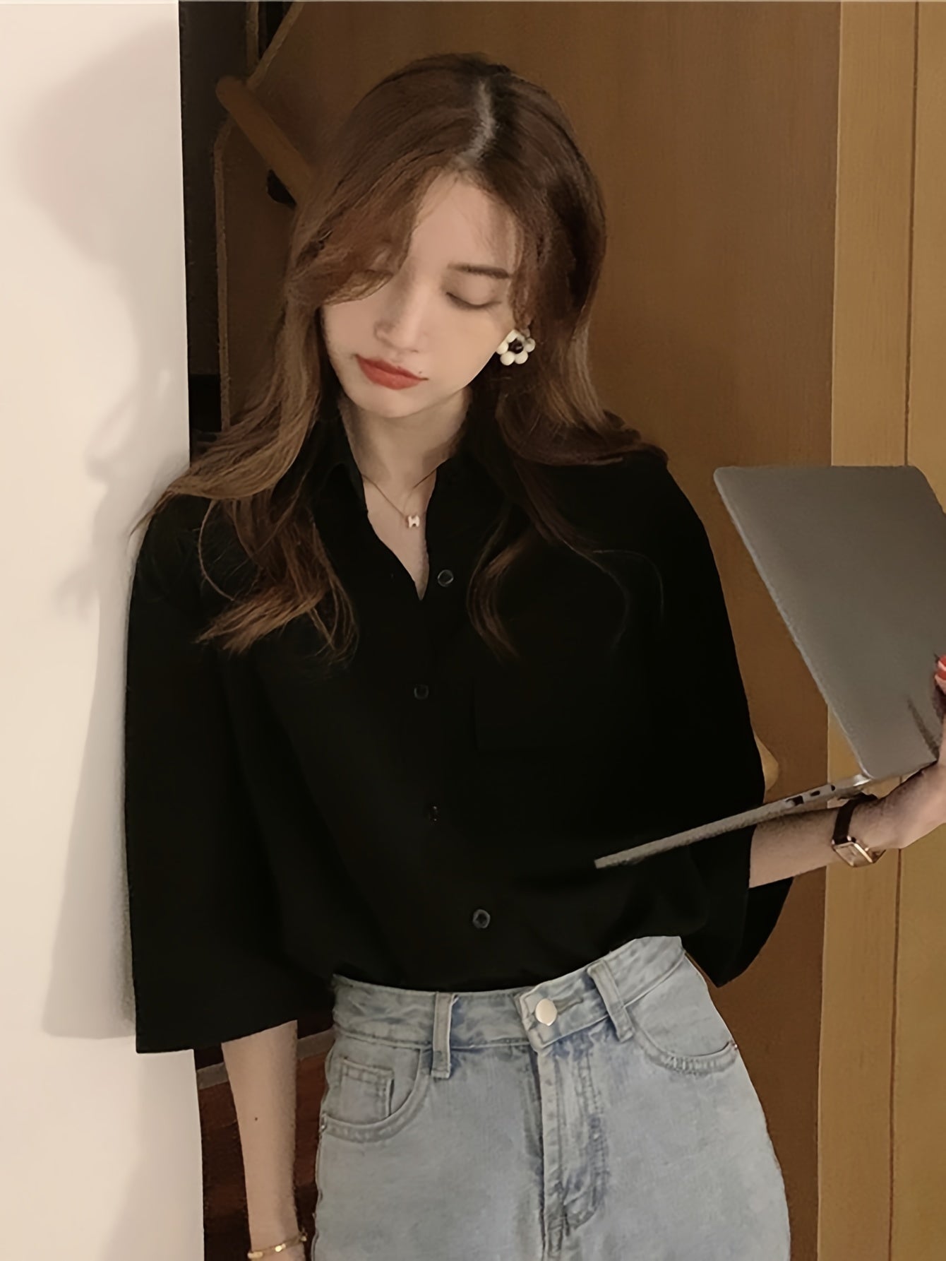 vlovelaw Solid Button Front Simple Shirt, Casual Half Sleeve Shirt For Spring & Fall, Women's Clothing