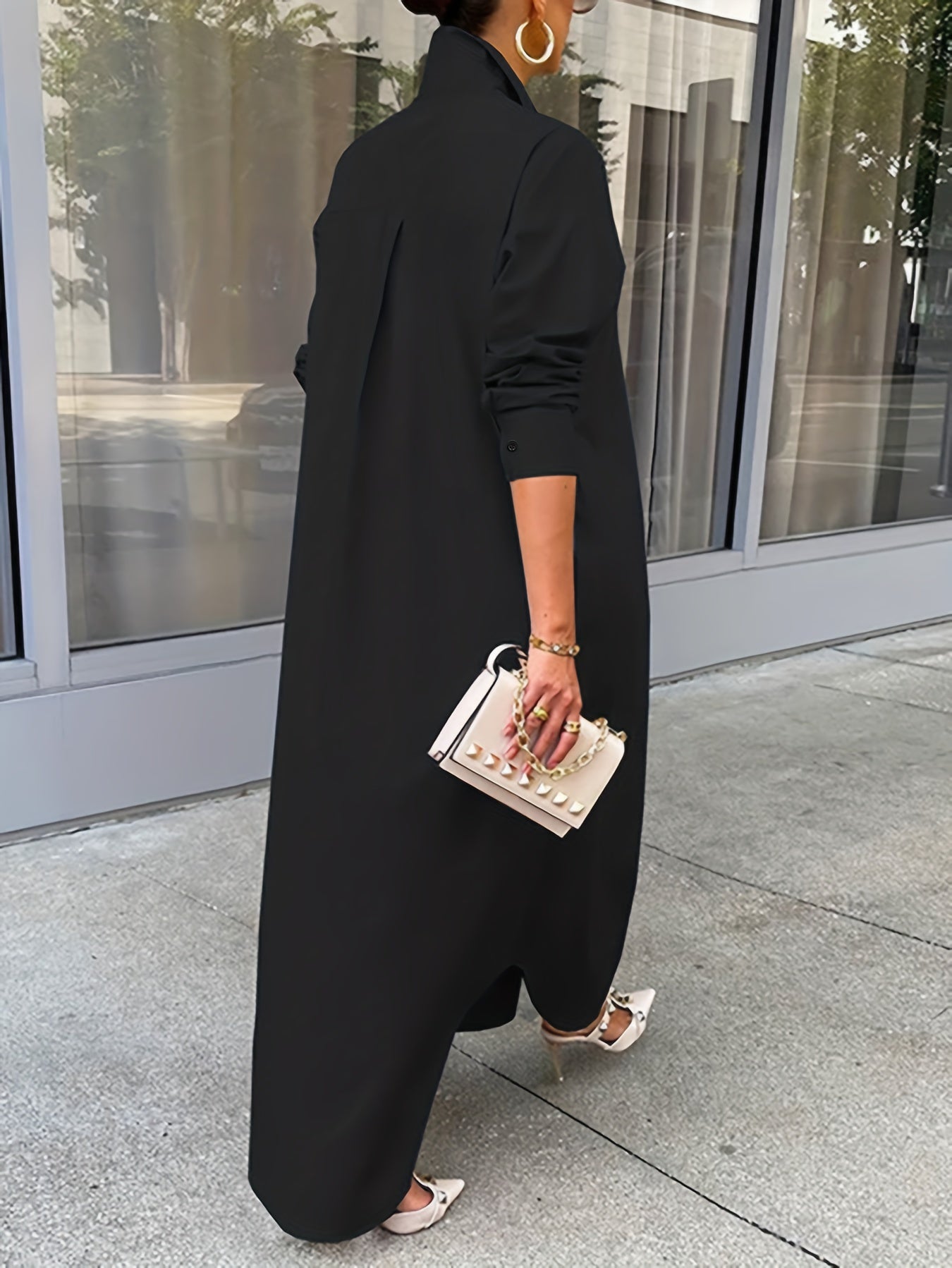 Button Front Long Length Shirt, Casual Solid Long Sleeve Shirt, Women's Clothing