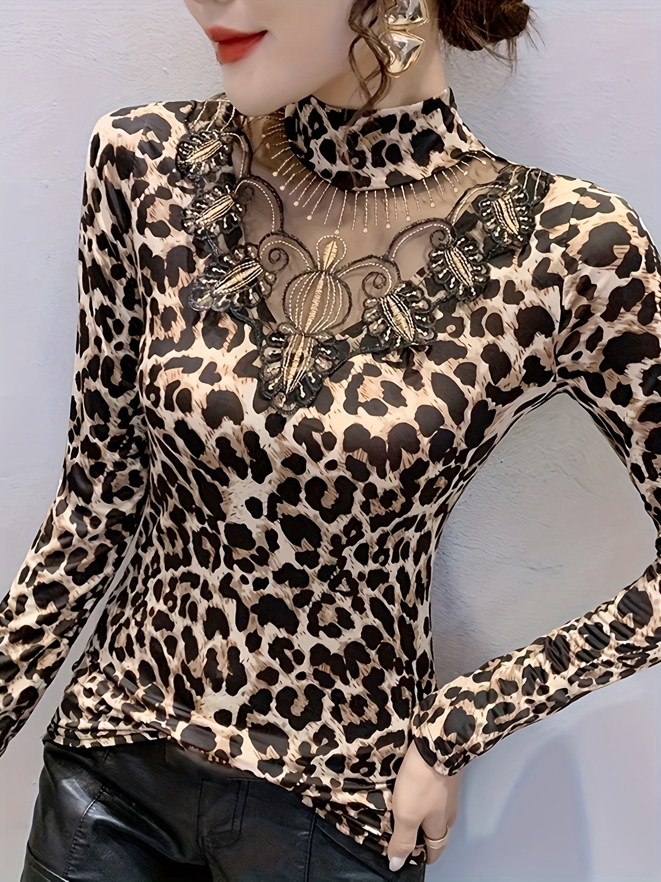 vlovelaw  Leopard Print Illusion Neckline Top, Mock Neck Long Sleeve T-Shirt For Spring & Fall, Women's Clothing