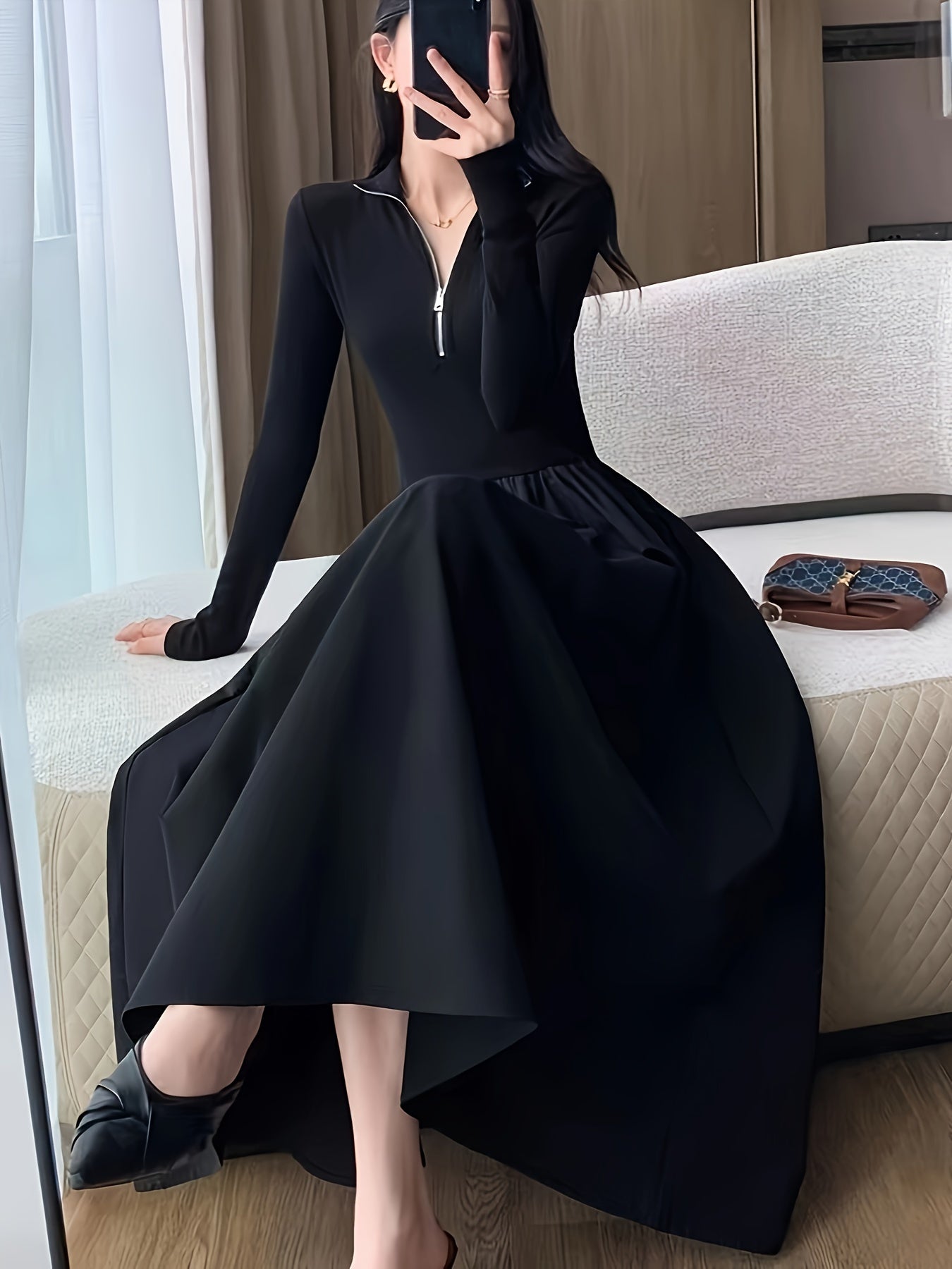 vlovelaw Zip-up Long Sleeve Lapel Dress, Chic Solid Color A-line Dress, Women's Clothing