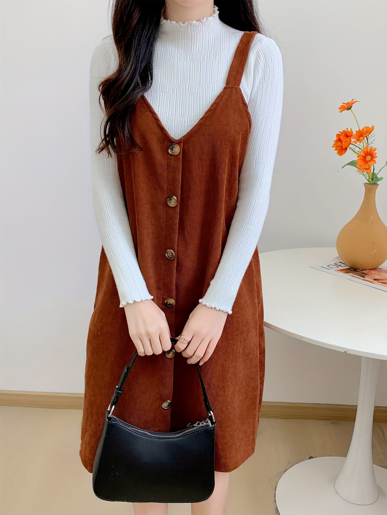 vlovelaw Button Front Solid Overall Dress, Casual V Neck Sleeveless Dress, Women's Clothing