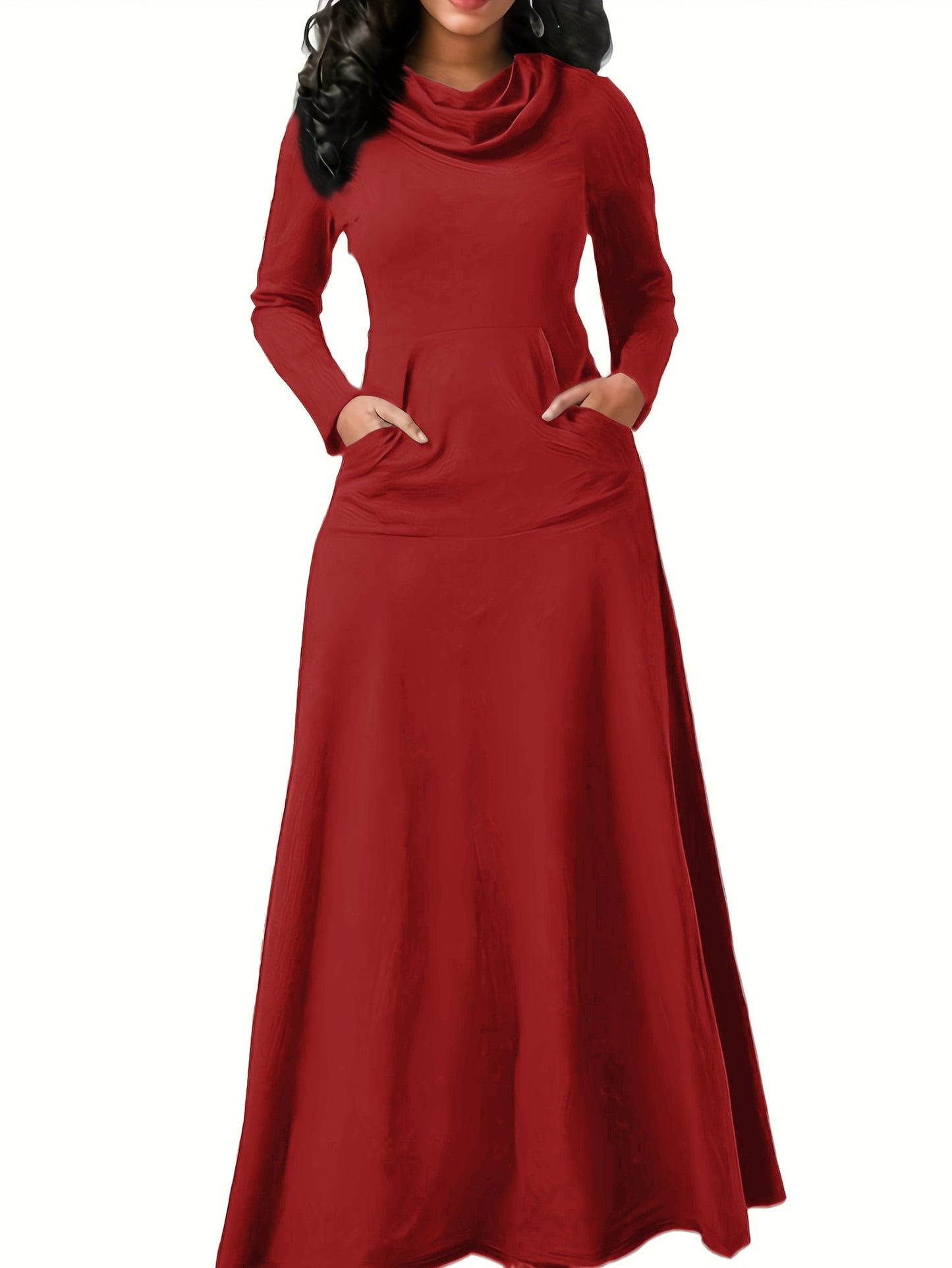 Pile Collar Pocket Front Dress, Elegant Long Sleeve Maxi Dress, Women's Clothing